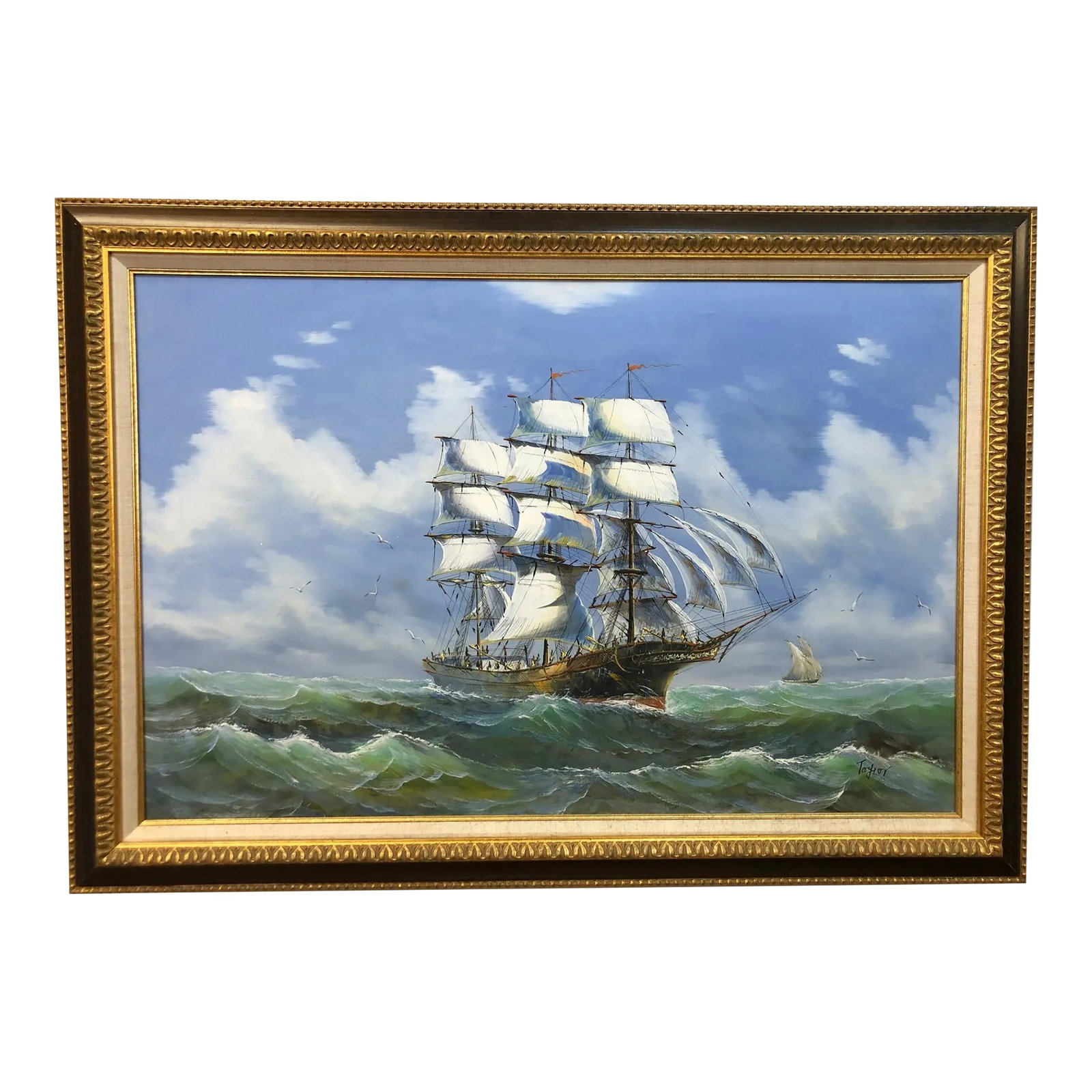 Mid 20th Century Ship at Sea Painting, Signed on the Bottom, Framed: European school. This captivating painting, signed on the bottom, depicts a majestic ship sailing across a calm, greenish ocean under a bright blue sky with scattered clouds. The ship's white sails