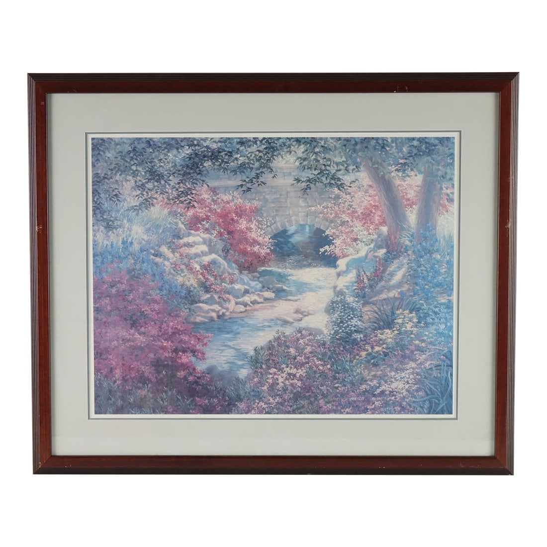 Soft Waters and Pink Skies - Print of Original Oil Painting by Artist Barbara Hails: This enchanting landscape print by the American artist Barbara Hails captures the serene beauty of nature in a delicate and peaceful moment. The scene features a gentle stream winding through a lush