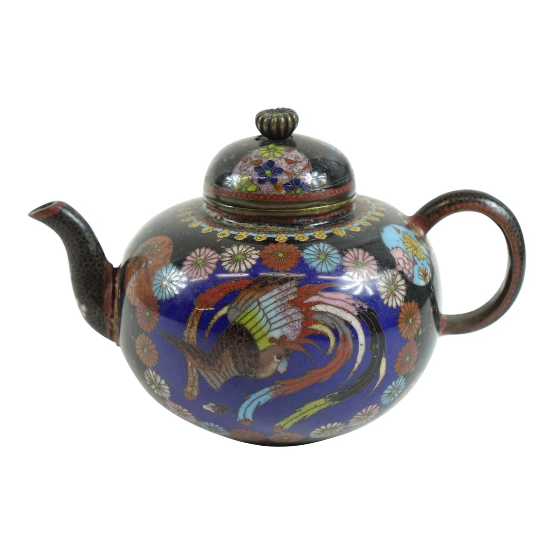 Antique Chinese Cloisonne Decorative Teapot: Beautiful Chinese cloisonné teapot designed primarily for display, featuring a rounded body decorated with a vibrant phoenix/bird motif set against a rich cobalt-blue ground. The surface is