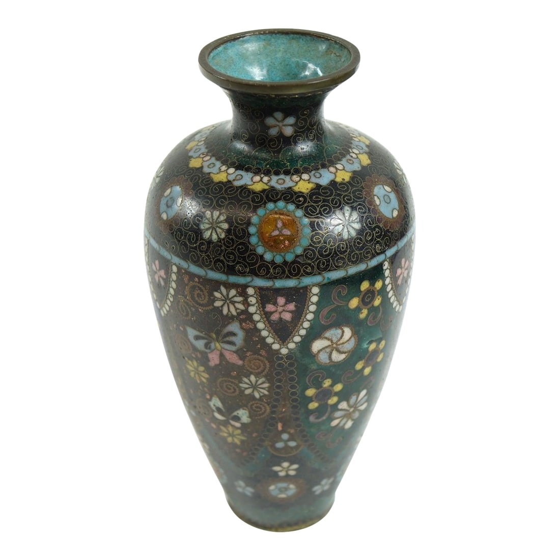 Antique Chinese Decorative Cloisonne Vase: Antique Chinese Decorative Cloisonné Vase – 4ʺ × 4ʺ × 7.5ʺ This exquisite antique Chinese cloisonné vase is a stunning example of traditional metalwork and