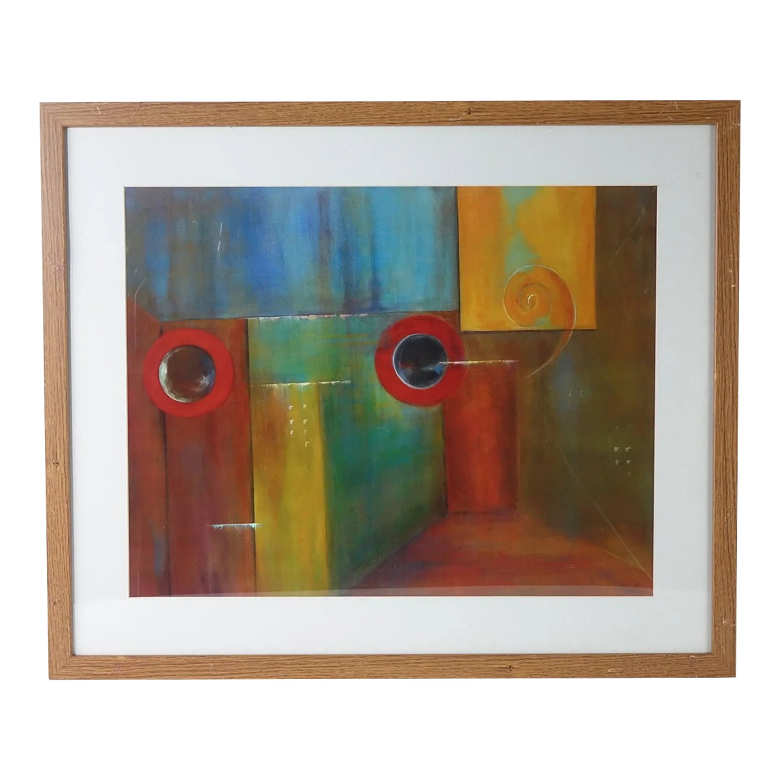 Late 20th Century Abstract Reproduction Print of Original Oil Painting: Abstract, Print of Original Oil Painting - 36" x 30" This vibrant abstract print of an original oil painting features a captivating interplay of geometric shapes and bold colors. The composition is ch