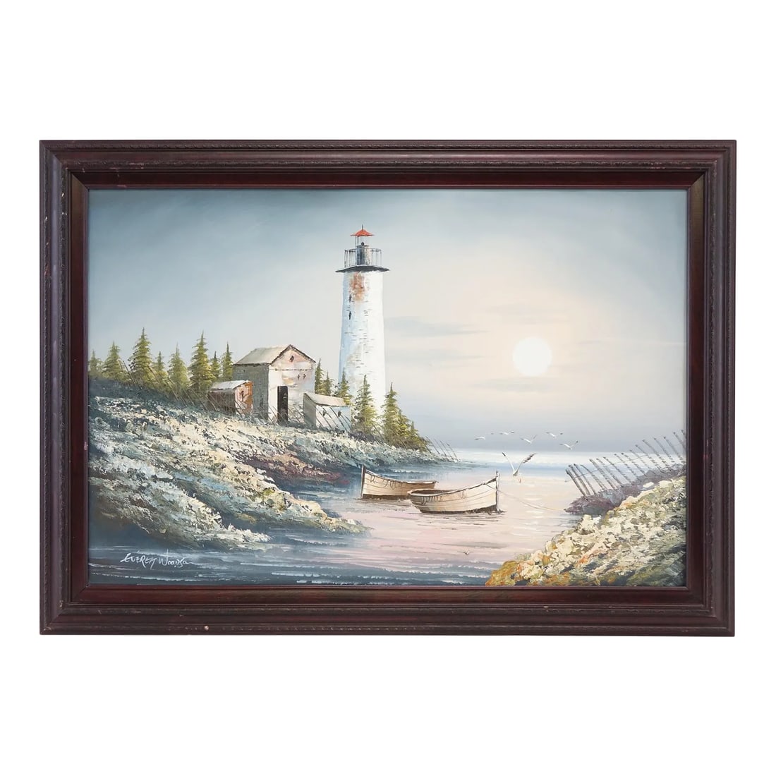 Mid 20th Century European School Serene Lighthouse Sunrise – Large Original Oil on Canvas,: This stunning oil on canvas painting captures the tranquil beauty of a lighthouse at sunrise, set against a calm water backdrop. The peaceful scene is enhanced by the soft glow of the early morning