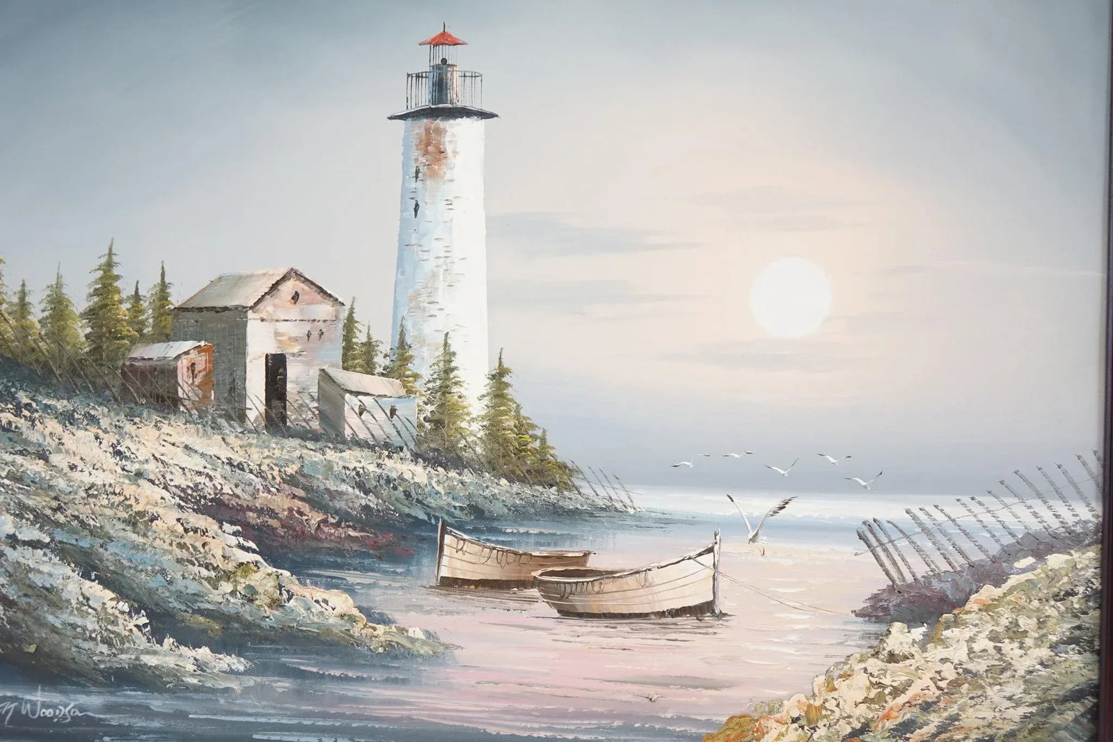Mid 20th Century European School Serene Lighthouse Sunrise – Large Original Oil on Canvas, - 5