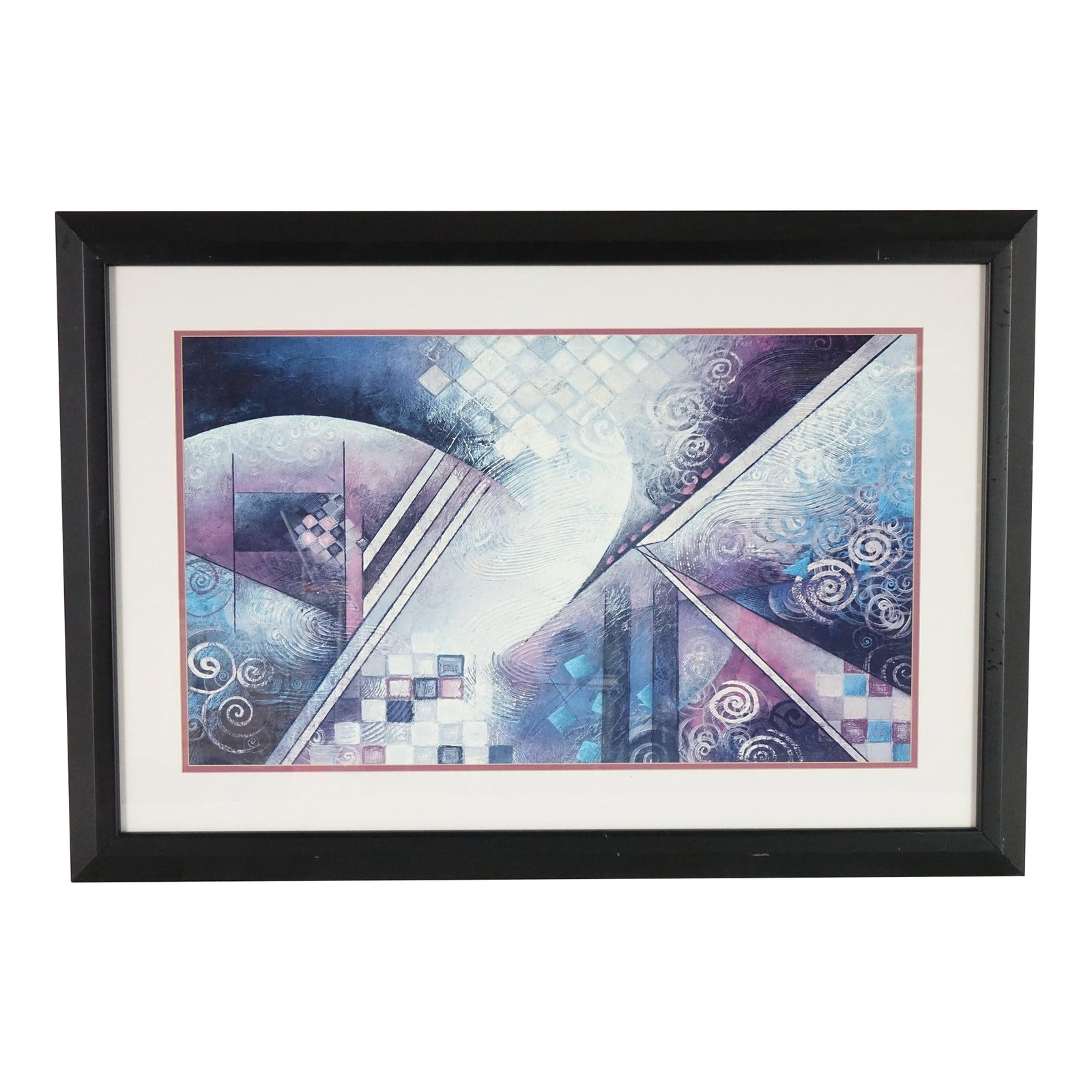 Swirls of Serenity - Large Abstract Print of Original Painting: This captivating abstract print features a mesmerizing dance of geometric shapes and swirling patterns, rendered in a dreamy palette of soft purples, blues, and whites. The composition is structured