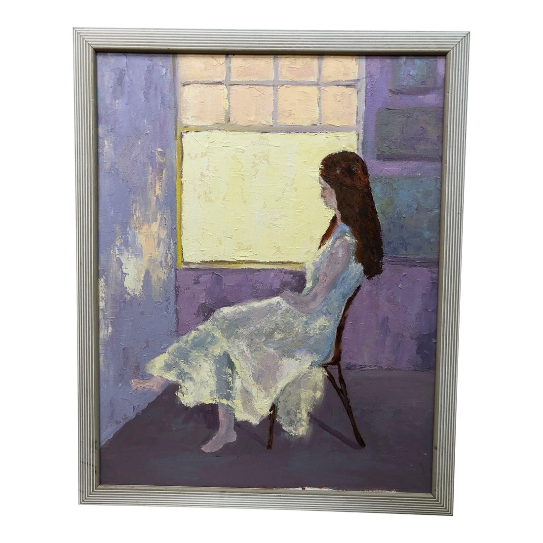 In the Quiet of Her Mind - Acrylic on Board: A quiet, contemplative moment is beautifully captured in "Lady at the Window," an original acrylic painting rendered in a softened modern impressionist style. The figure of a woman, seated in