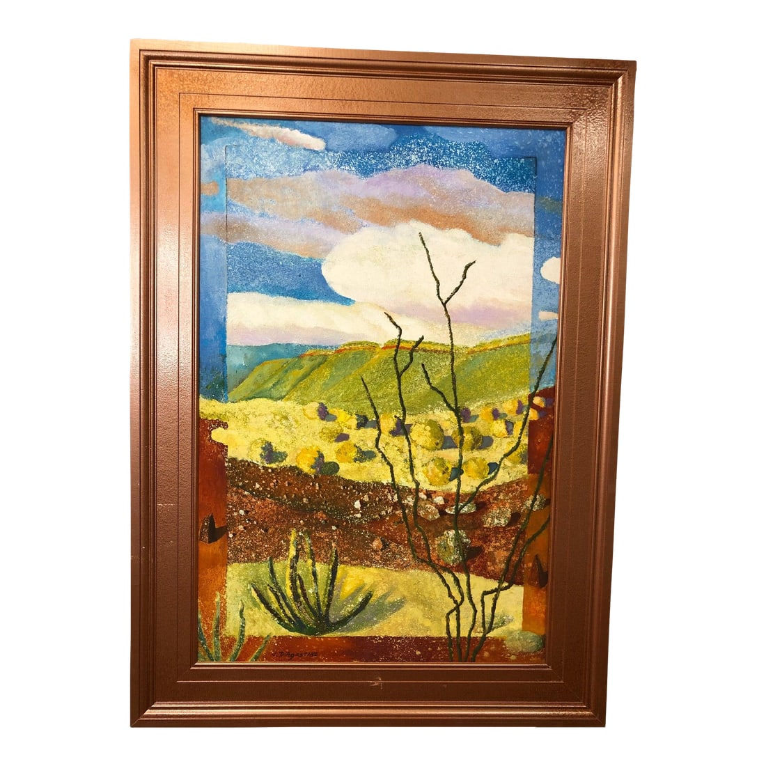Borderlands Multimedia Oil on Canvas Signed on the Bottom: Borderlands – Multimedia Oil on Canvas, Signed – 32" x 44" A vivid and textural mixed-media landscape titled Borderlands, this original oil painting captures the essence of a Southwestern