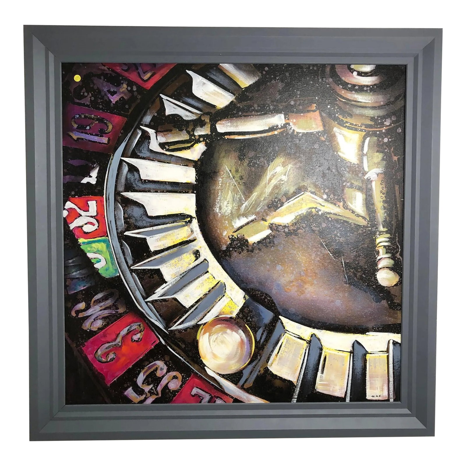 Late 20th Century Casino, Modern Oil on Canvas, Signed, Framed: This striking modern oil painting, signed on the bottom, captures a close-up view of a casino table, focusing on the iconic spinning mechanism used for dice. The spinner, rendered in metallic gold,