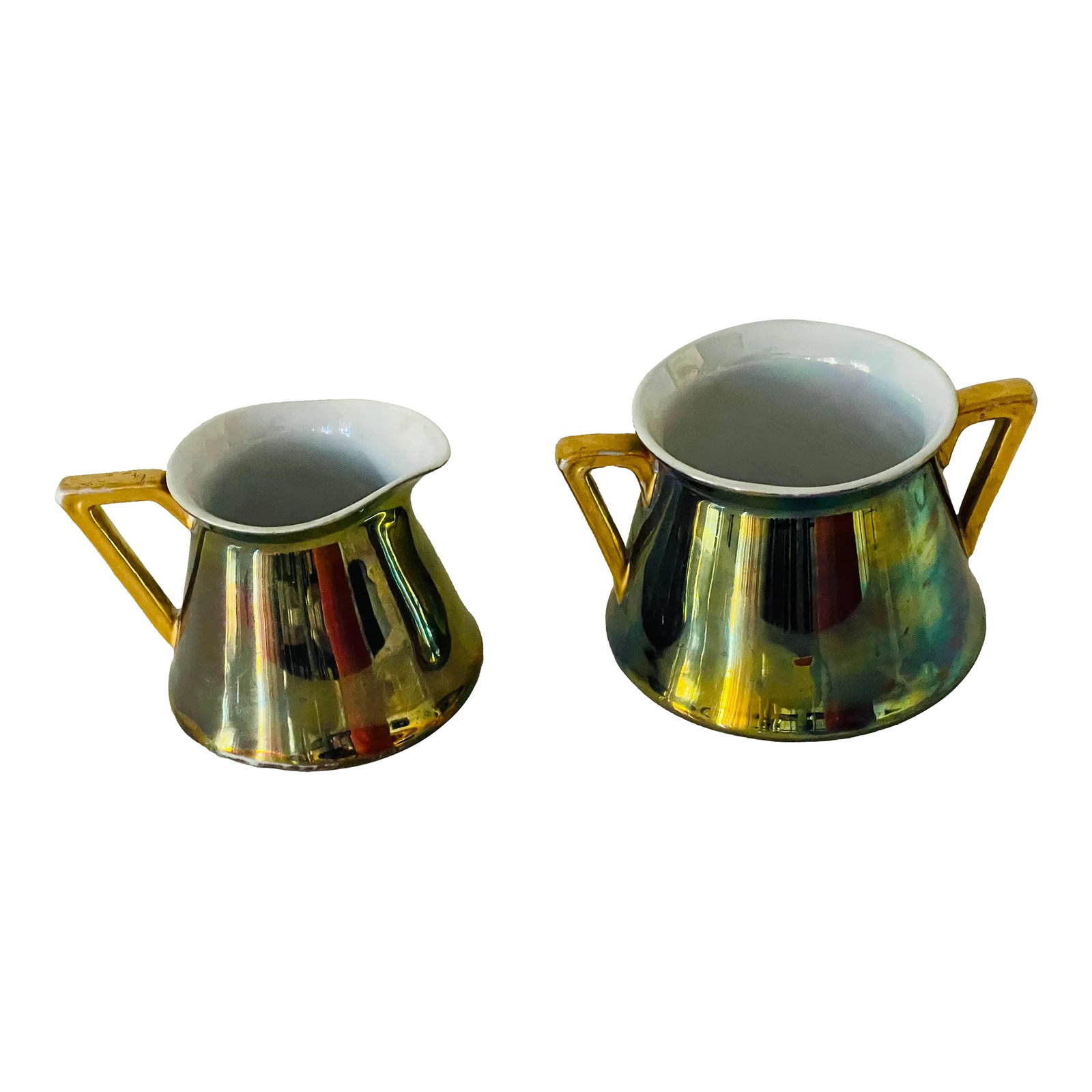 Austrian Art Nouveau Loetz Irridescent Porcelain Creamer & Sugar Bowl: Antique Art Nouveau irridescent porcelain Loetz sugar pot and creamer. Rare collectible pieces. Condition: Alterations: Original Condition Unaltered Imperfections: Some Imperfections Condition Notes: