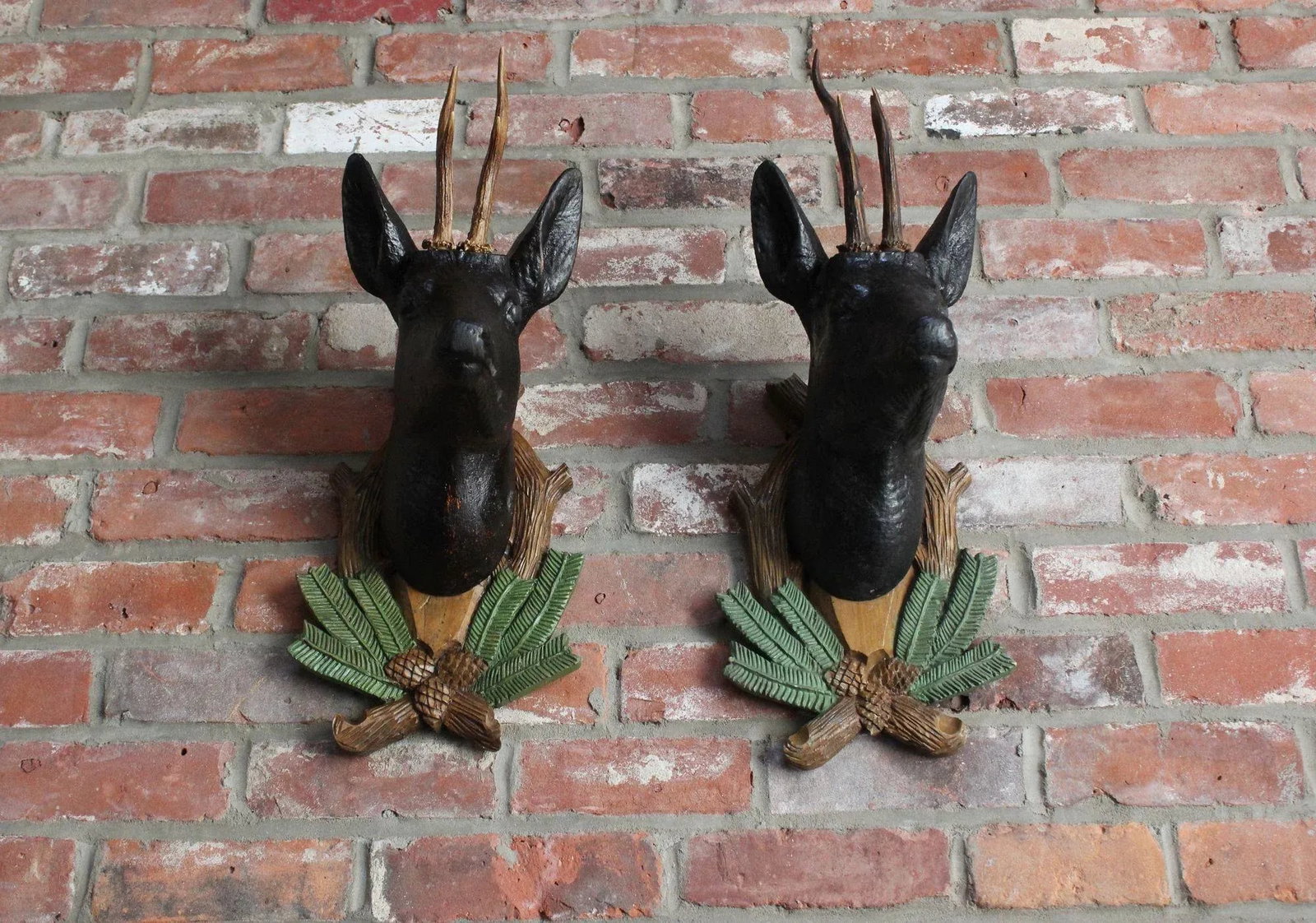 Pair of Vintage German Carved Black Forest Mounted Deer Wall Sculptures - 3
