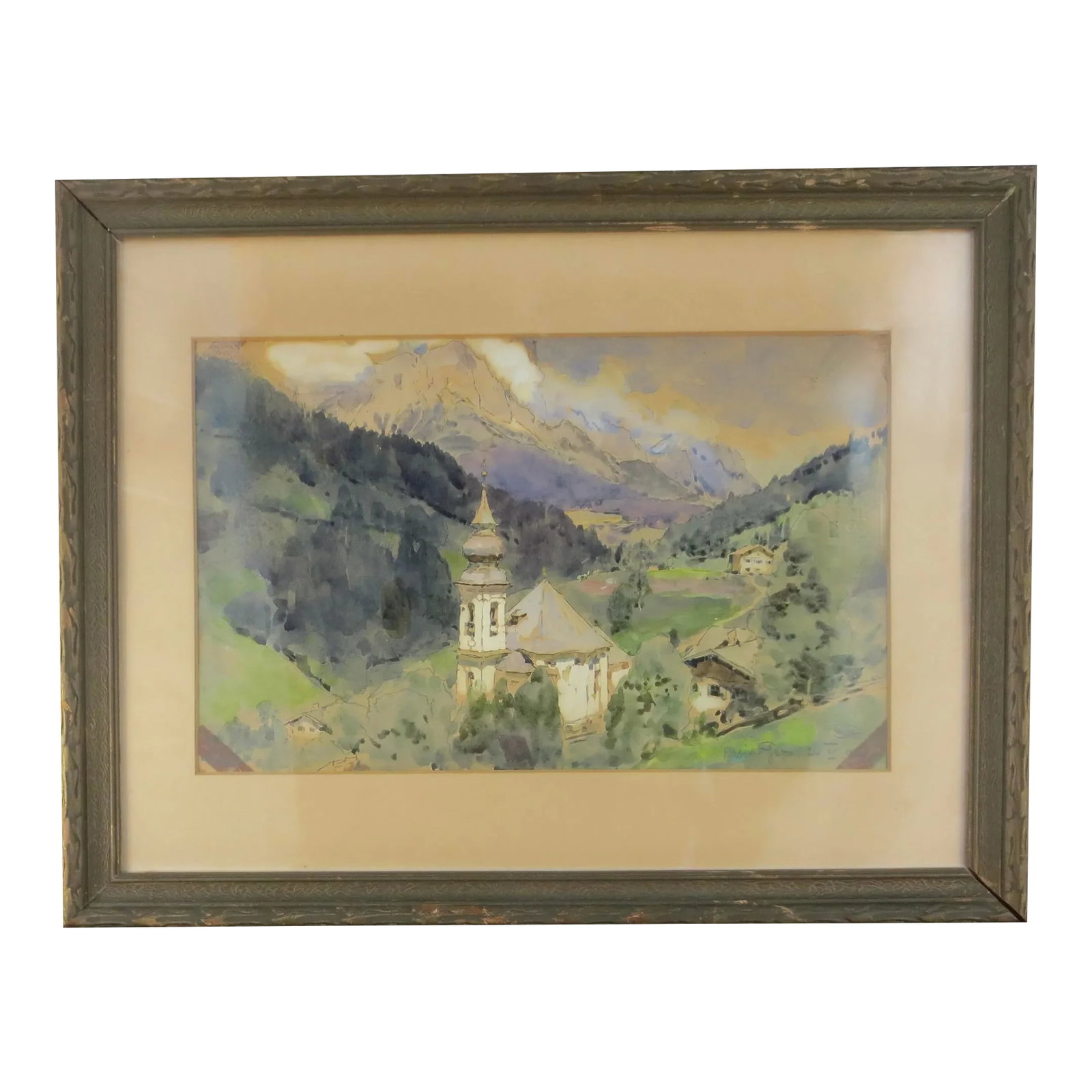 Watercolor of Maria Germ Circa Early 20th Century: Vintage early 20th-century watercolor of the famous Bavarian landmark Maria Germ. Beautifully painted in fine quality and with a very detailed view of the church and the small village surrounding the 