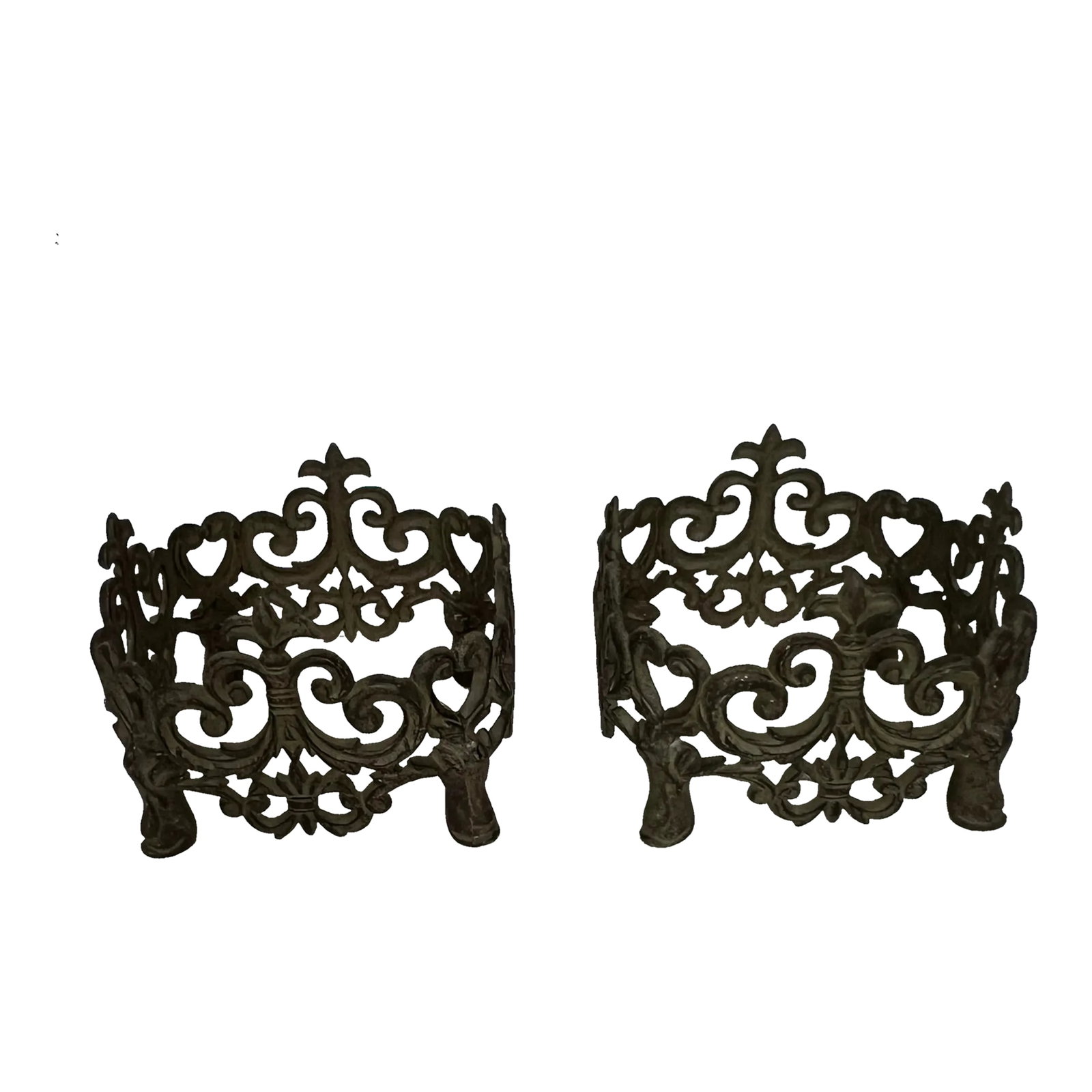 Cast Aluminum Metal Filagree Design Footed Planters - a Pair: A pair of footed aluminum metal filagree design planters. Will hold a pot 5-5.5" inches at bottom or you could use a shelf in the bottom to hold a smaller pot. Measures 7" x 7" x 5.5" h Condition: