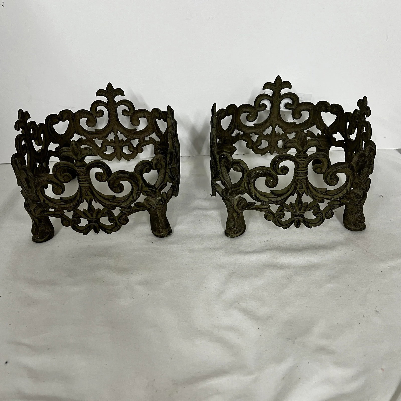 Cast Aluminum Metal Filagree Design Footed Planters - a Pair - 2