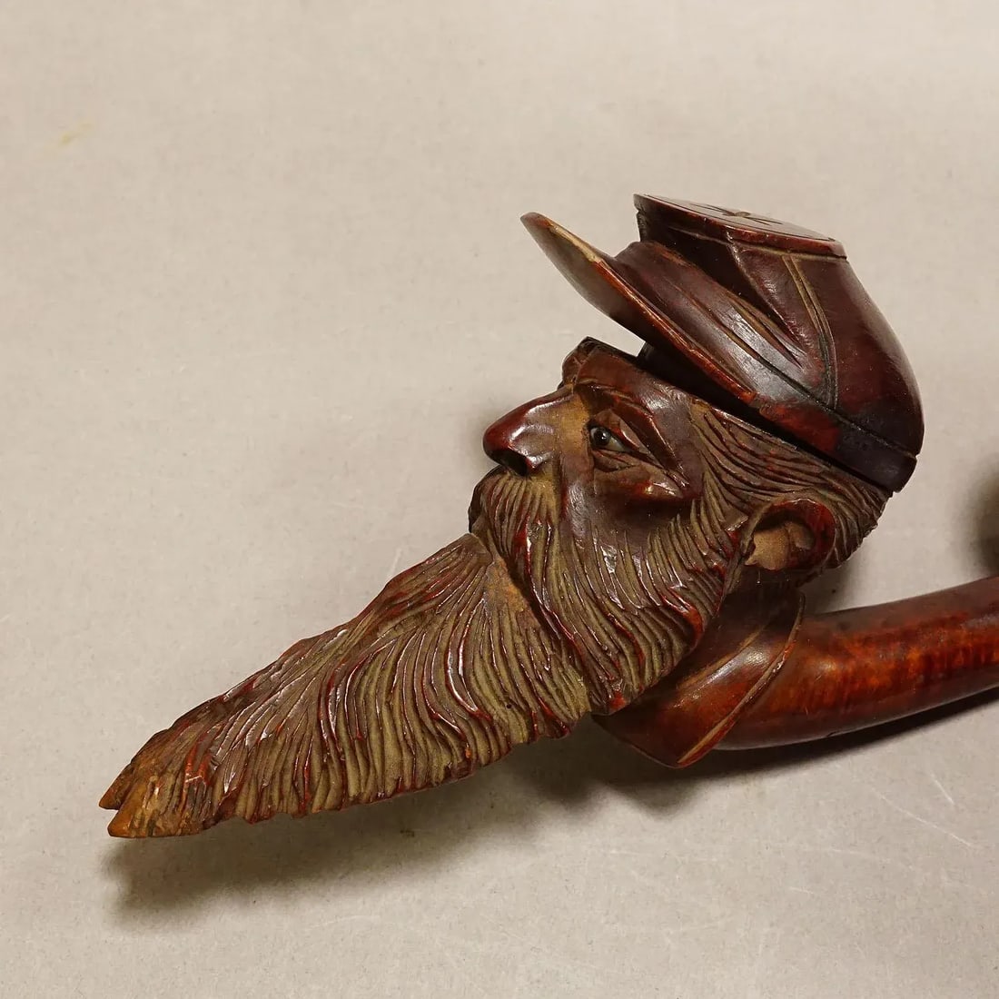 Antique Carved Wood Tobacco Pipe With Soldier Head - 3