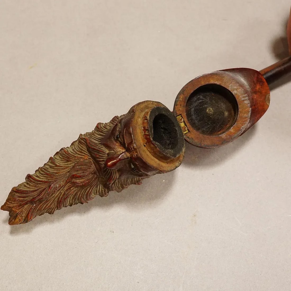 Antique Carved Wood Tobacco Pipe With Soldier Head - 4