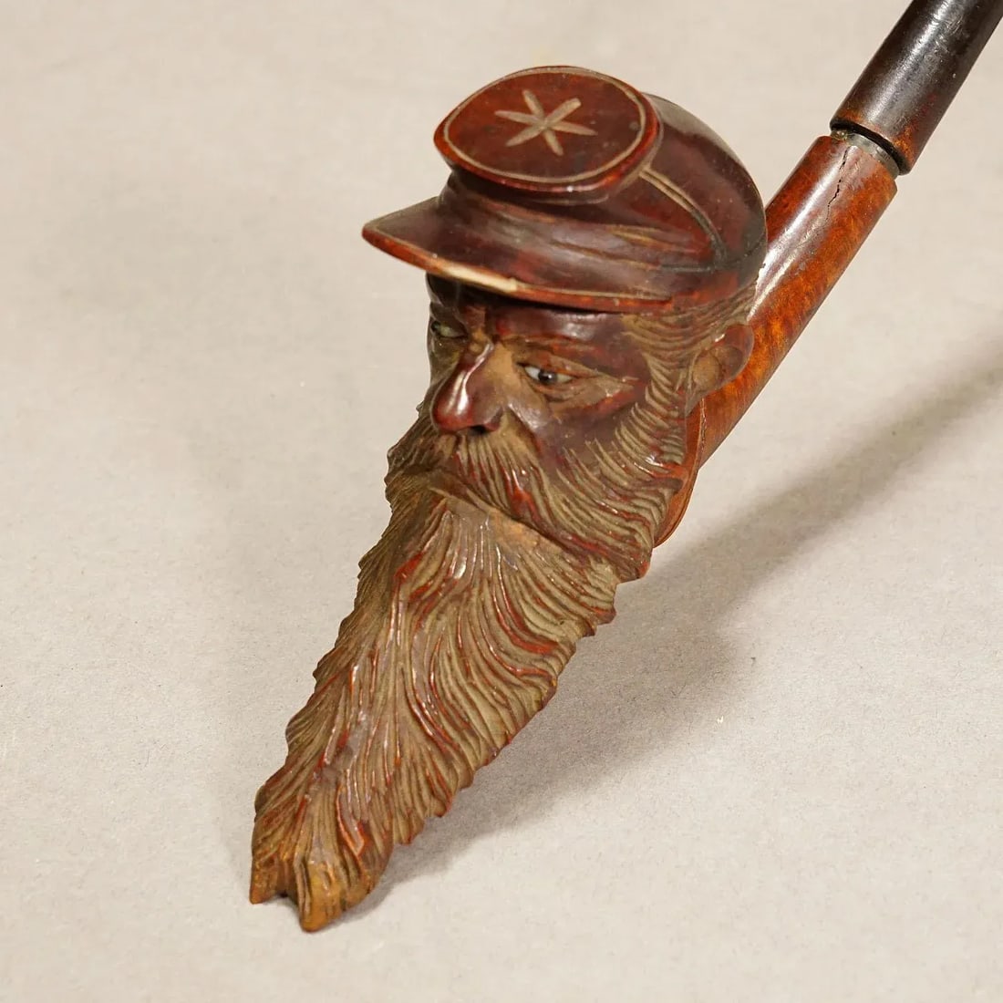 Antique Carved Wood Tobacco Pipe With Soldier Head - 6