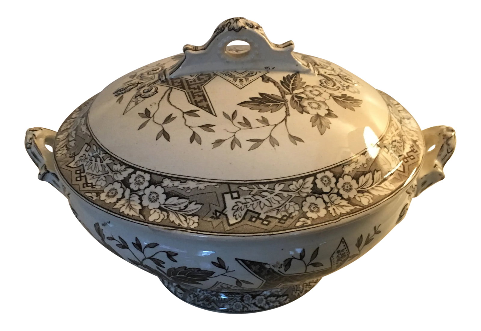 Antique Floral and Scenic Transferware Tureen: Nice late 19th century tureen Condition: Alterations: Original Condition Unaltered Imperfections: Some Imperfections Condition Notes: Very good condition no flaws Materials & Techniques: