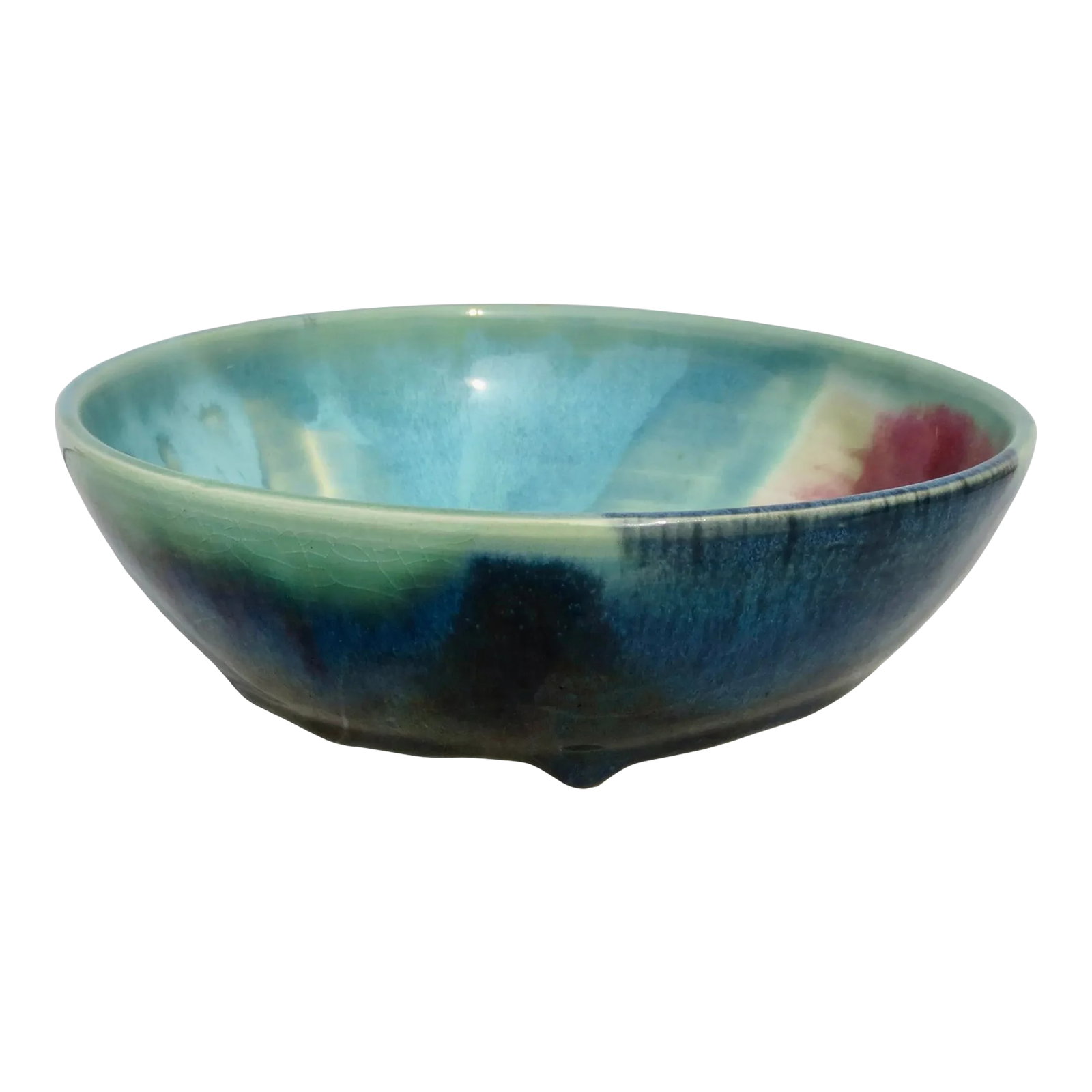 Modern Studio Pottery Bowl: Studio ceramic bowl with multicolor glazes. Thick walls and thick glazes of green, red, blue are poured over each other and the firing pulls the flow to the bowl. The underside is marked KEN 5/03 and 