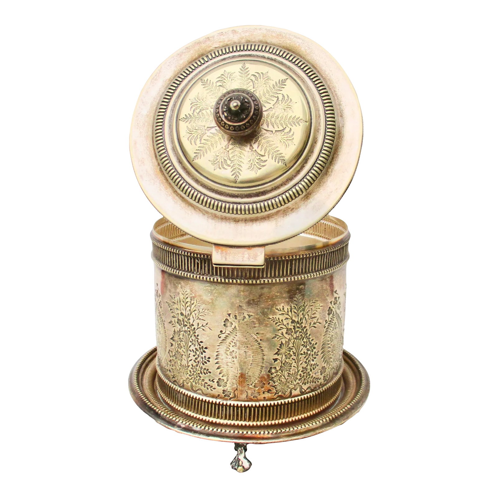 Silver Plate Biscuit Box Circa 1880s': Silver plate Arts and Crafts biscuit box with three paw feet. Fern and Ivy pattern around the outer walls. Hinged lid with extremely fine casting of beaded bands and ornamental finial on the lid. A