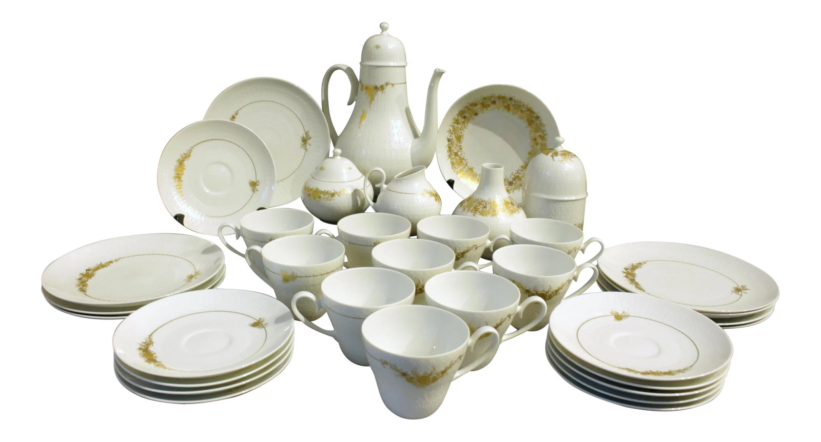1970s Rosenthal Studio-Linie Dessert Service C.1970 - Set of 34: A stylish dessert service, Romanze designed by Bjorn Wiinblad for Rosenthal Studio-Line in 1961 (this set c.1970). 8 plates; 10 cups & saucers; tea pot; sugar; low bowl; covered bon bon box (the