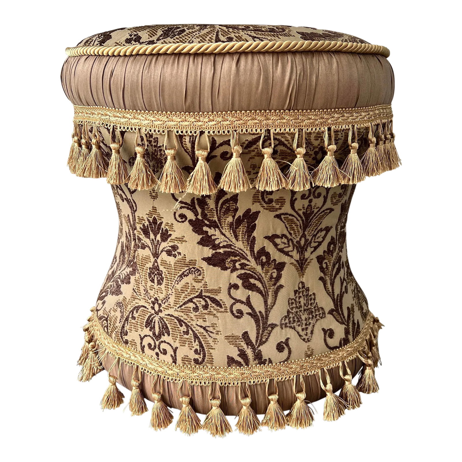 Hour Glass Shape Tassel Trimmed Footstool: Hour glass shape upholstered tassel trimmed footstool. Works well with English, Traditional, Neutral, Academia, French, Hollywood Regency, Italian, Grandmillenial and many other design styles. Measure