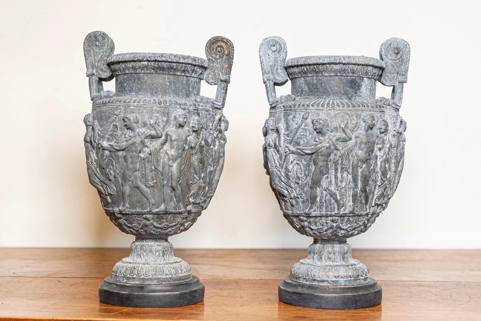 French Neoclassical 19th Century Baluster Urns with Low-Relief Décor - a Pair - 3