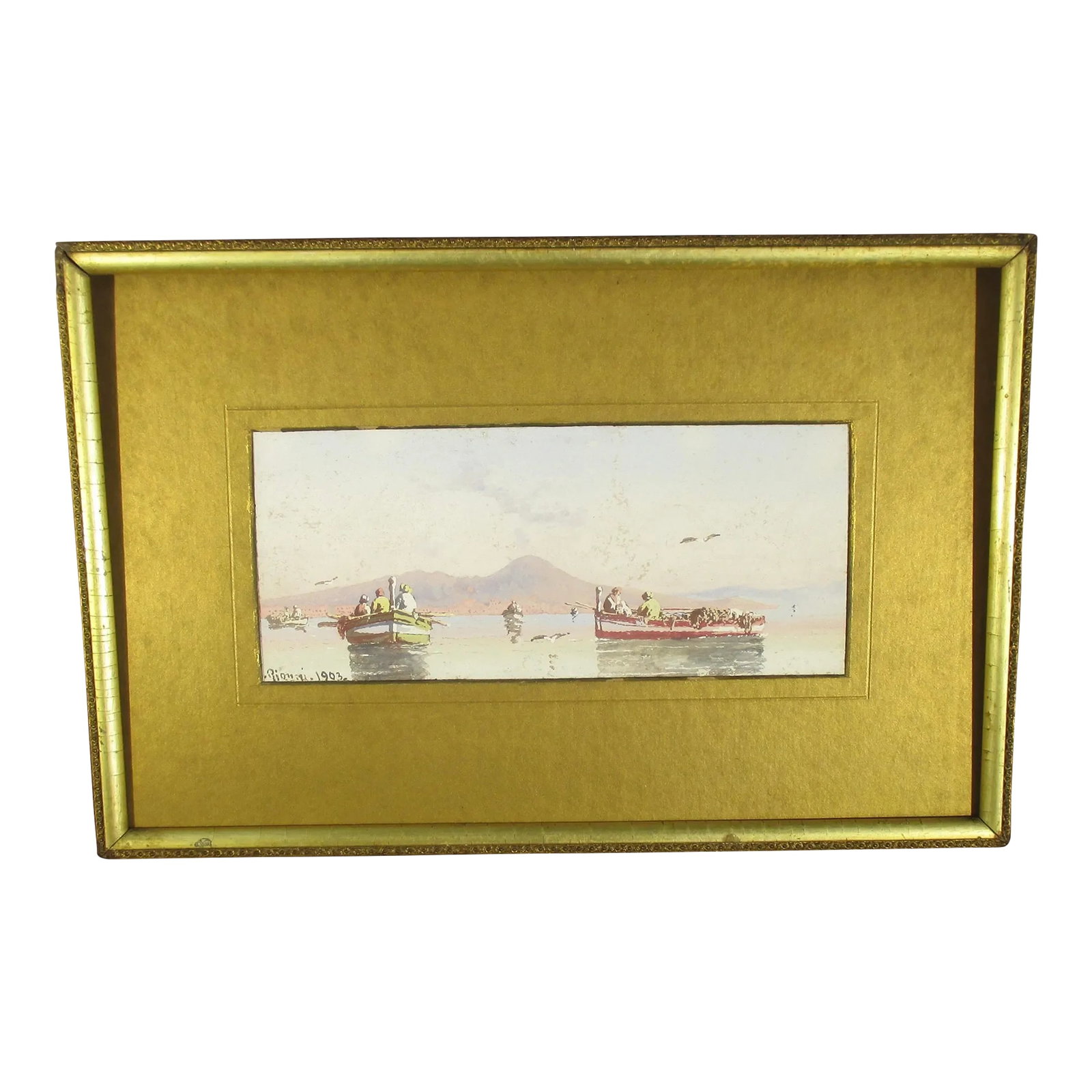 Antique Italian Watercolor of the Bay of Naples Dated 1903: Antique watercolor of the Bay of Naples, dated 1903. Viewing the fishermen with their boats, the gulls, and the beautiful light of the Mediterranian. To note Vesuvius with smoke rising. masterfully