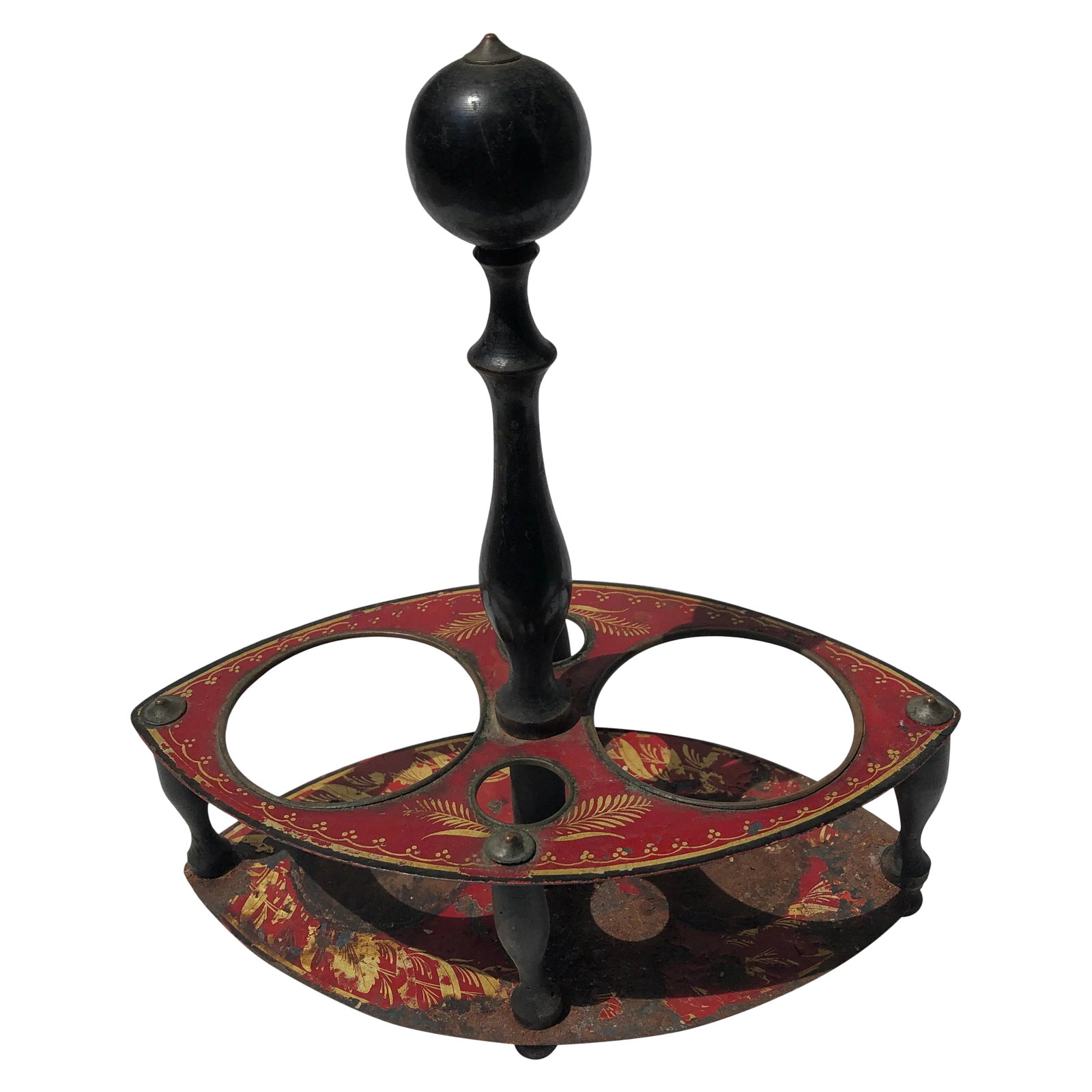 French Circa 1820 Red Painted Tole Vinaigrier: French late 18th-early 19th century tole red painted, with gold decoration, oil and vinegar holder. Also would have held other condiments. On wooden legs and carrying post, circa 1820. Condition: