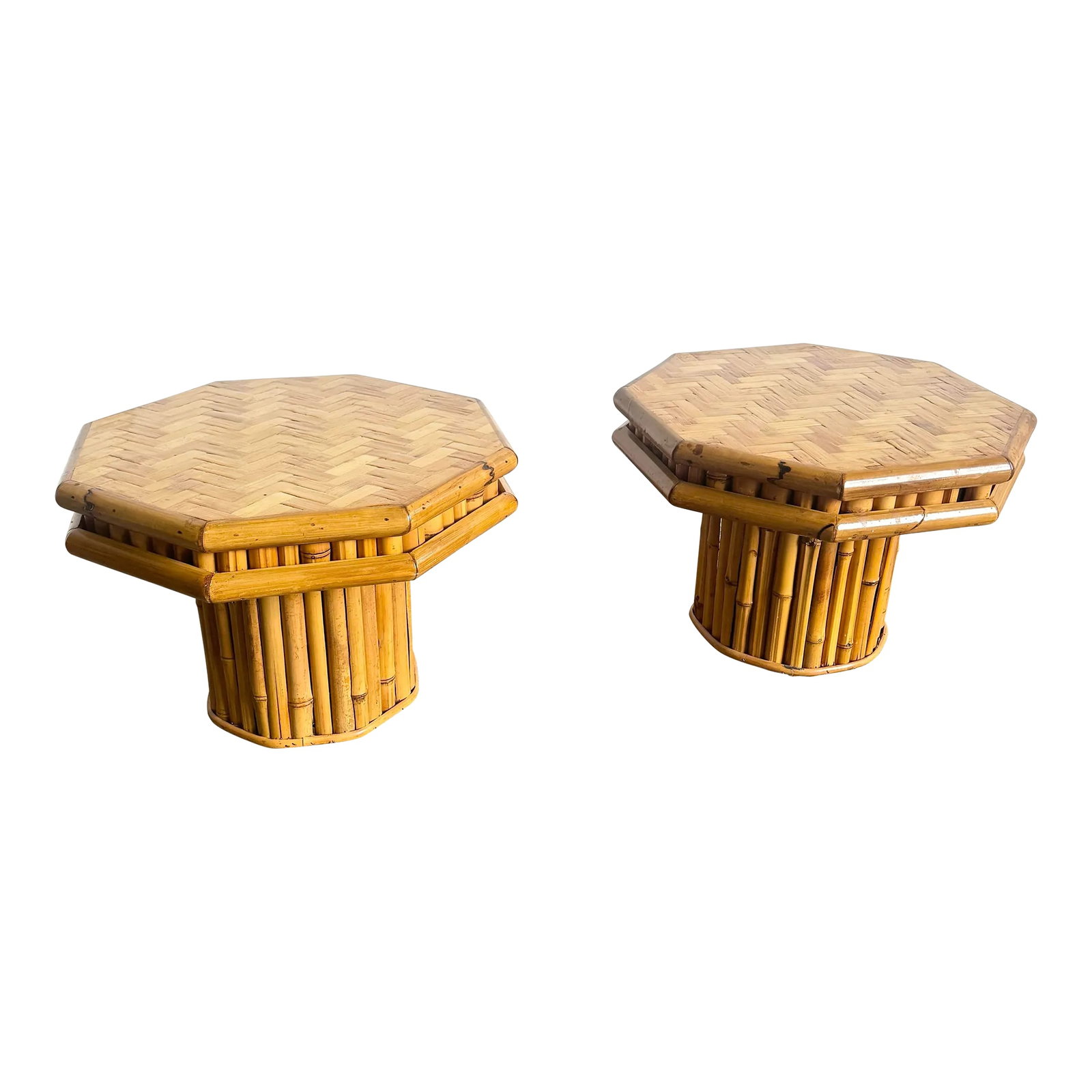 Boho Chic Octagonal Split Bamboo Herringbone Top Side Table - a Pair (1 of 7)