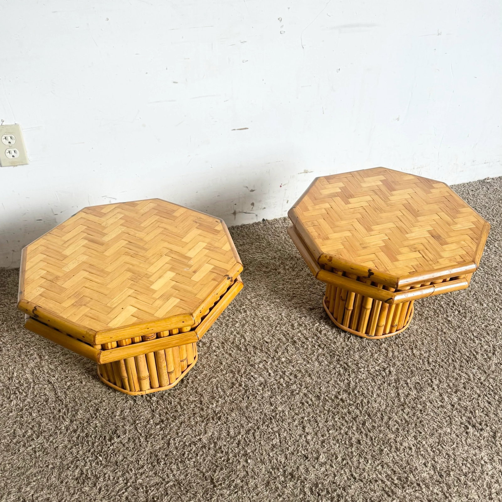 Boho Chic Octagonal Split Bamboo Herringbone Top Side Table - a Pair - 2