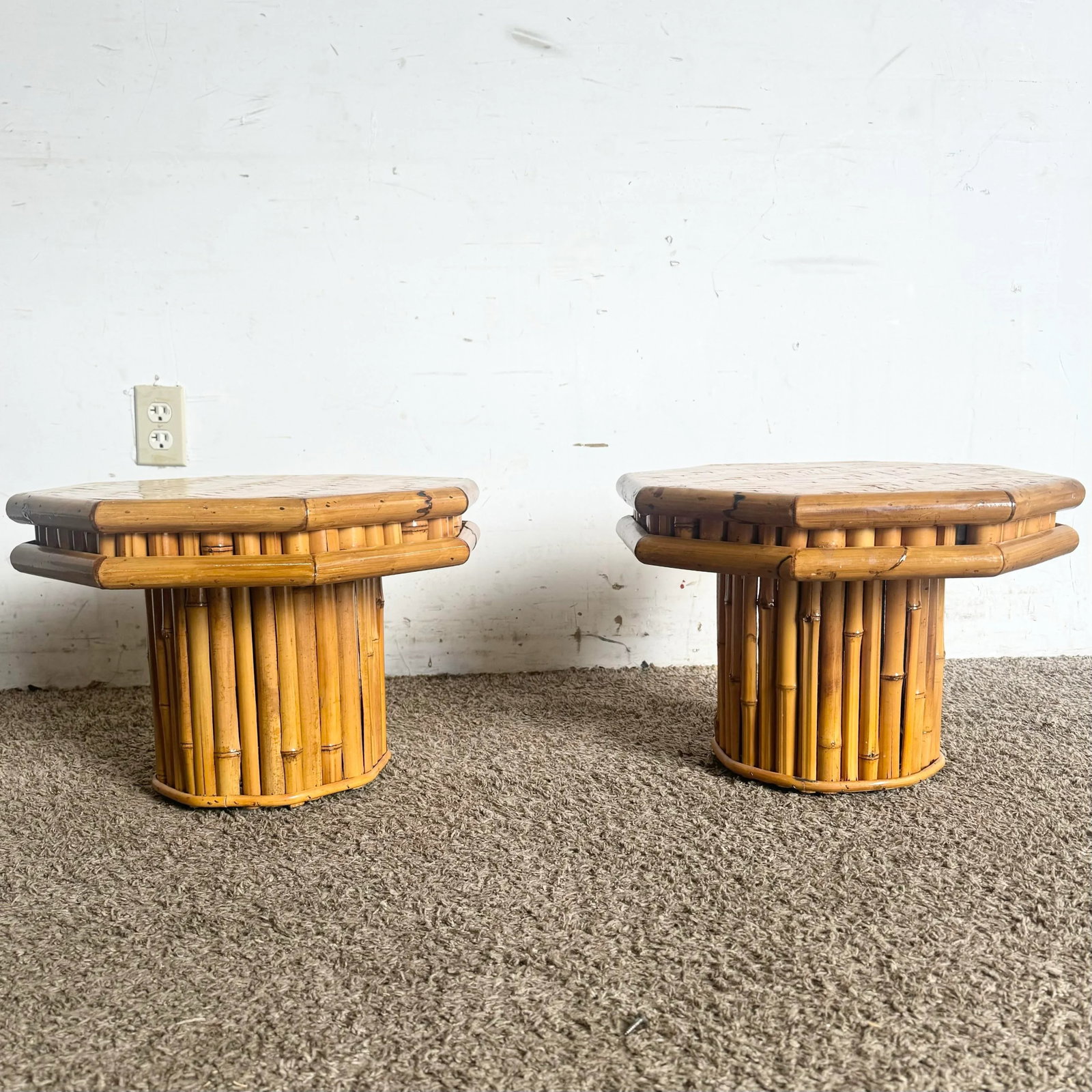 Boho Chic Octagonal Split Bamboo Herringbone Top Side Table - a Pair - 3