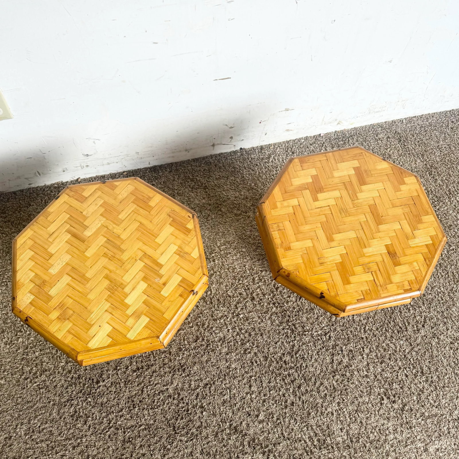 Boho Chic Octagonal Split Bamboo Herringbone Top Side Table - a Pair - 4