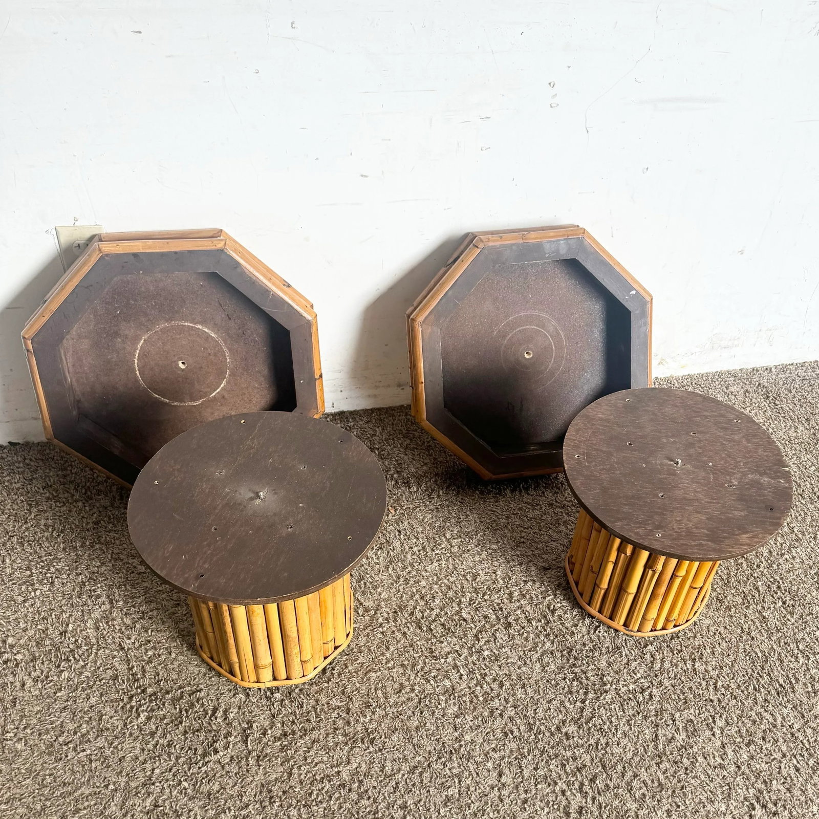 Boho Chic Octagonal Split Bamboo Herringbone Top Side Table - a Pair - 5