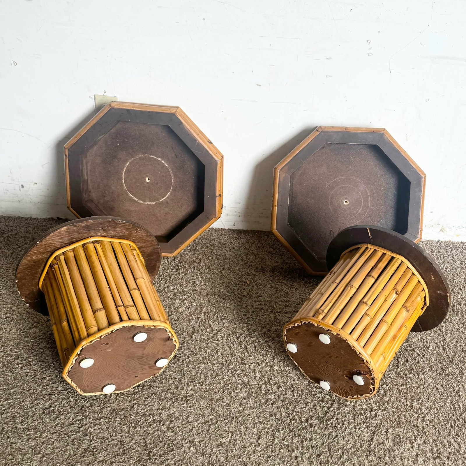 Boho Chic Octagonal Split Bamboo Herringbone Top Side Table - a Pair - 6