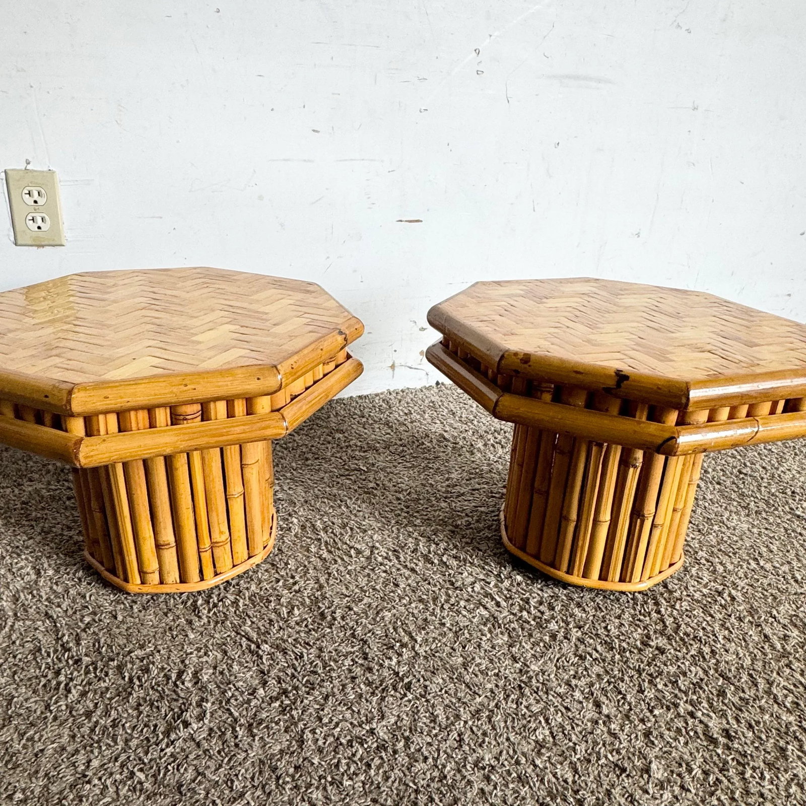 Boho Chic Octagonal Split Bamboo Herringbone Top Side Table - a Pair - 7