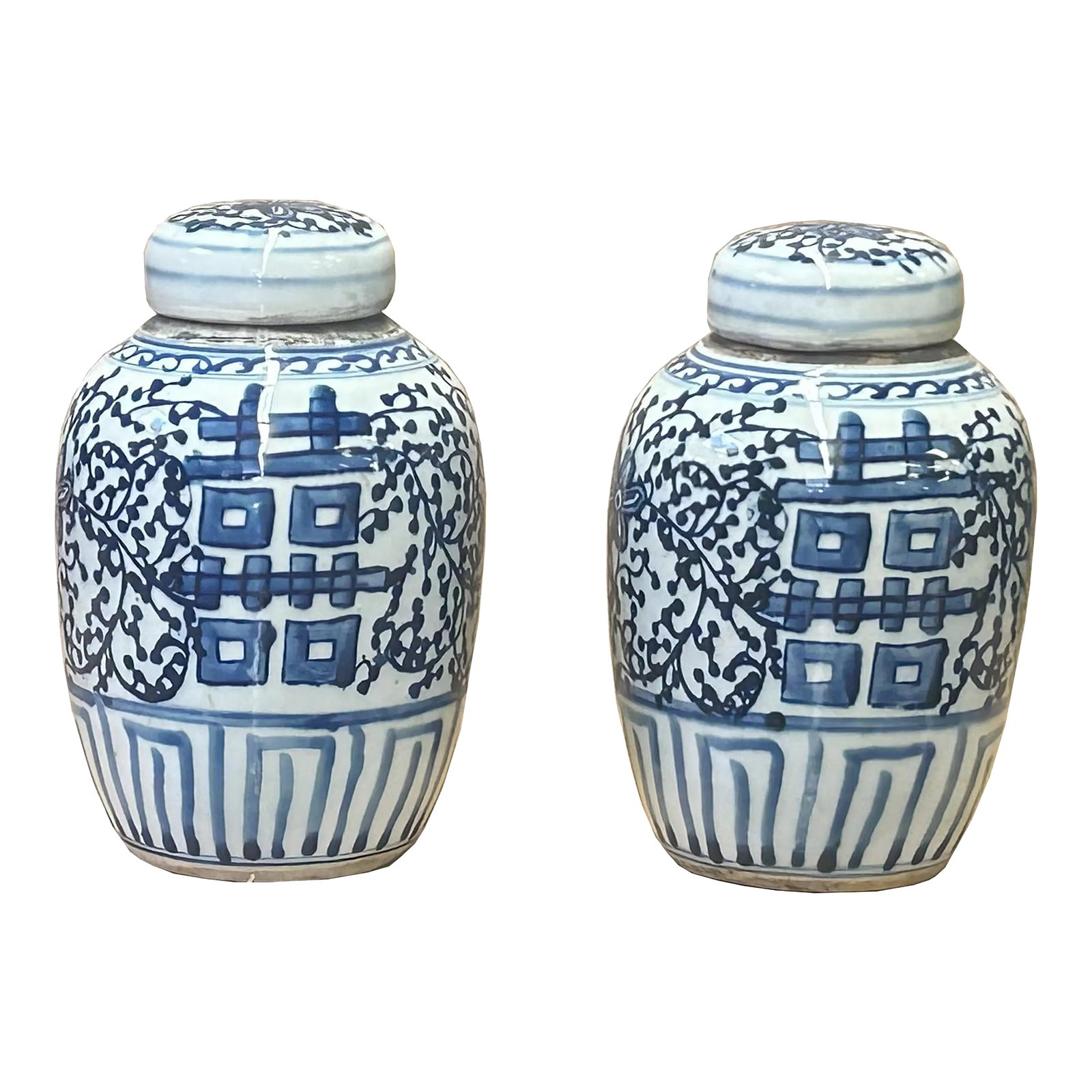 Pair Oriental Blue White Porcelain Double Happiness Character Jars: Add a touch of traditional elegance to your decor with this Pair of Oriental Blue and White Porcelain Double Happiness Character Jars. Featuring the iconic Double Happiness symbol, these jars are
