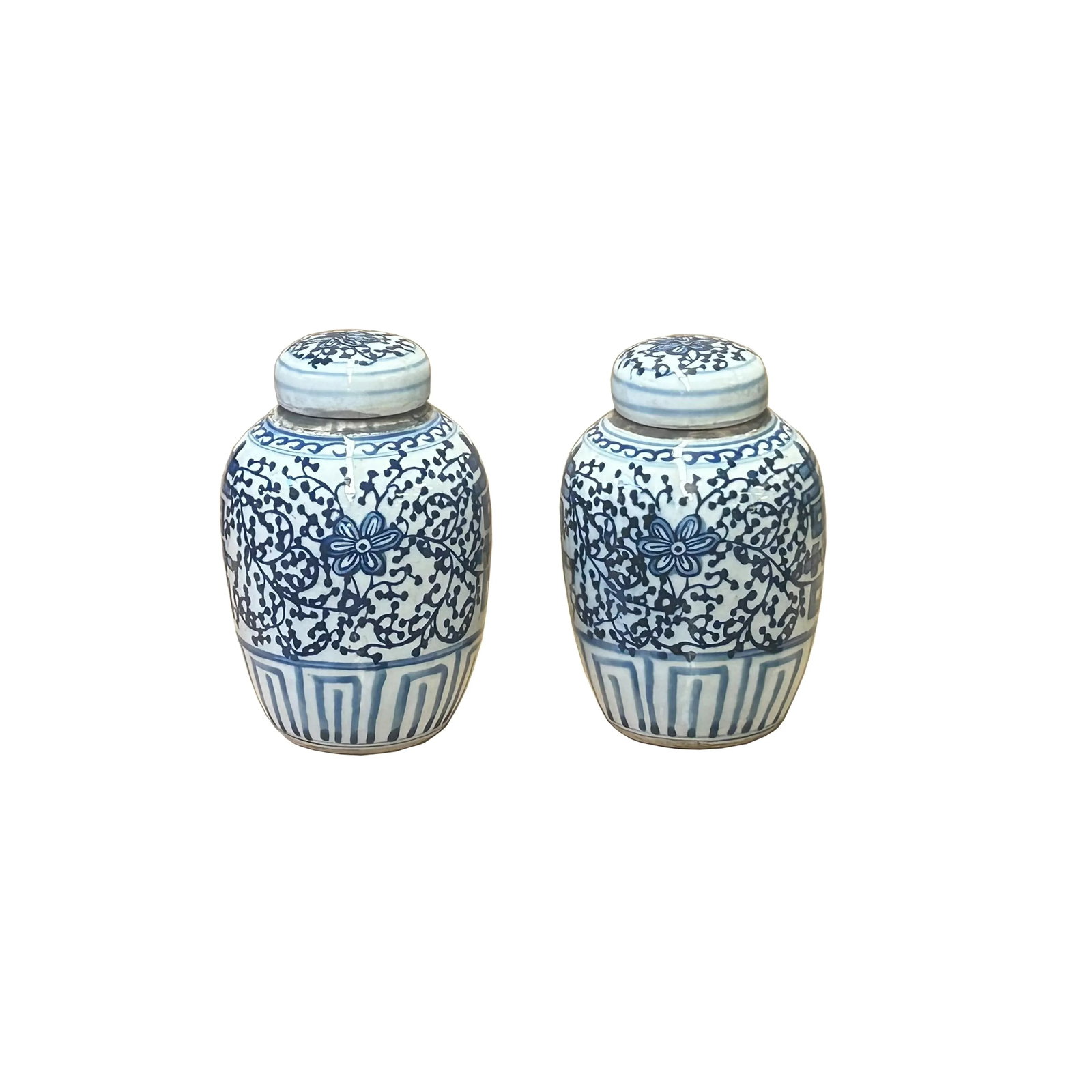 Pair Oriental Blue White Porcelain Double Happiness Character Jars - 2