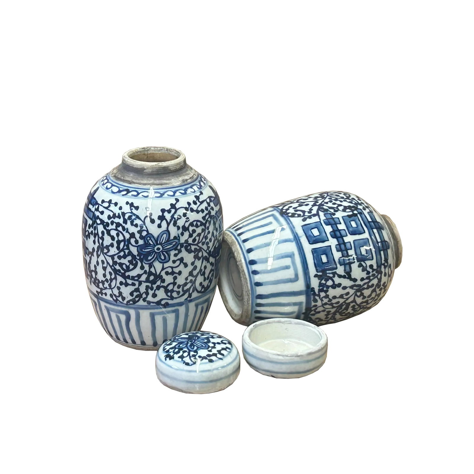 Pair Oriental Blue White Porcelain Double Happiness Character Jars - 3