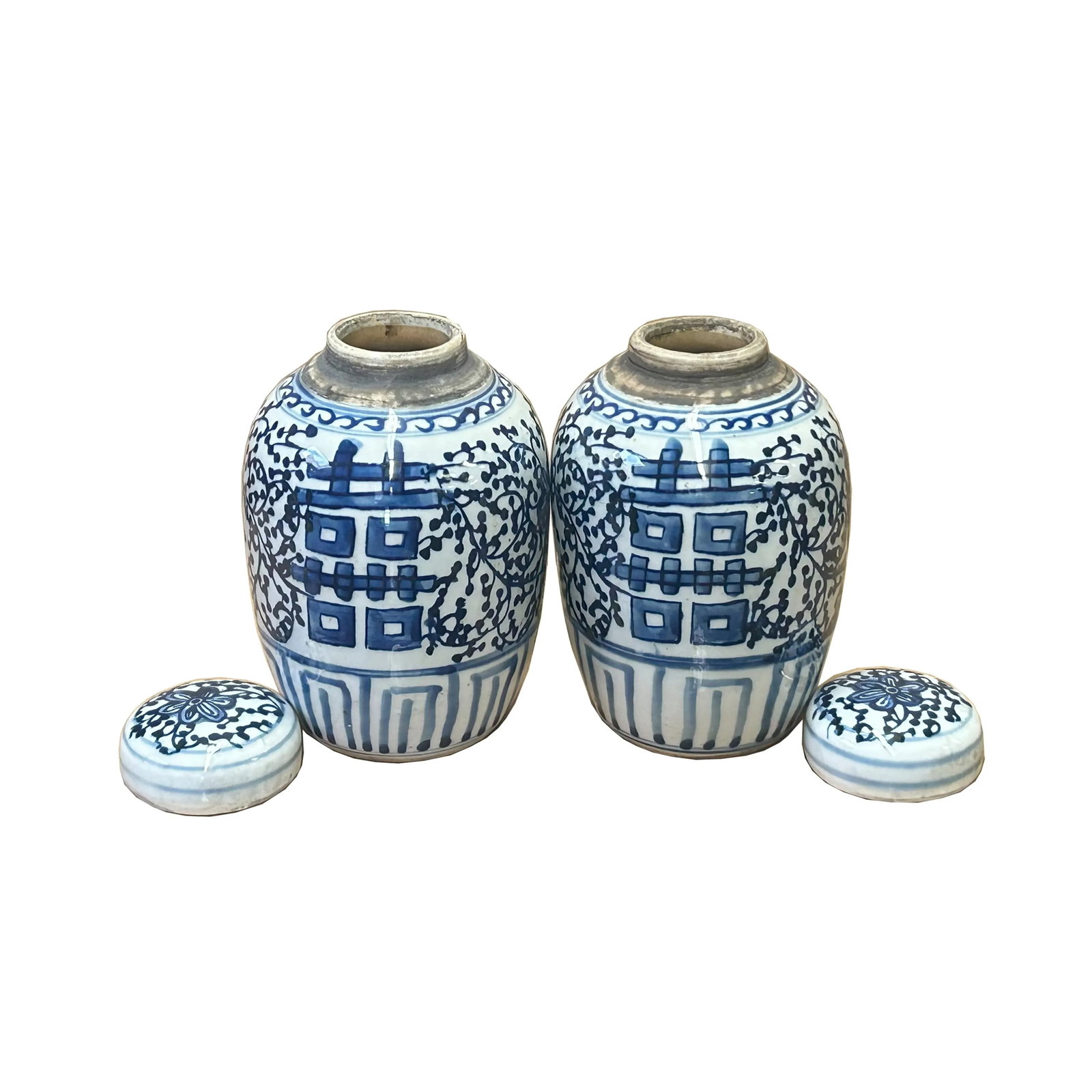 Pair Oriental Blue White Porcelain Double Happiness Character Jars - 4