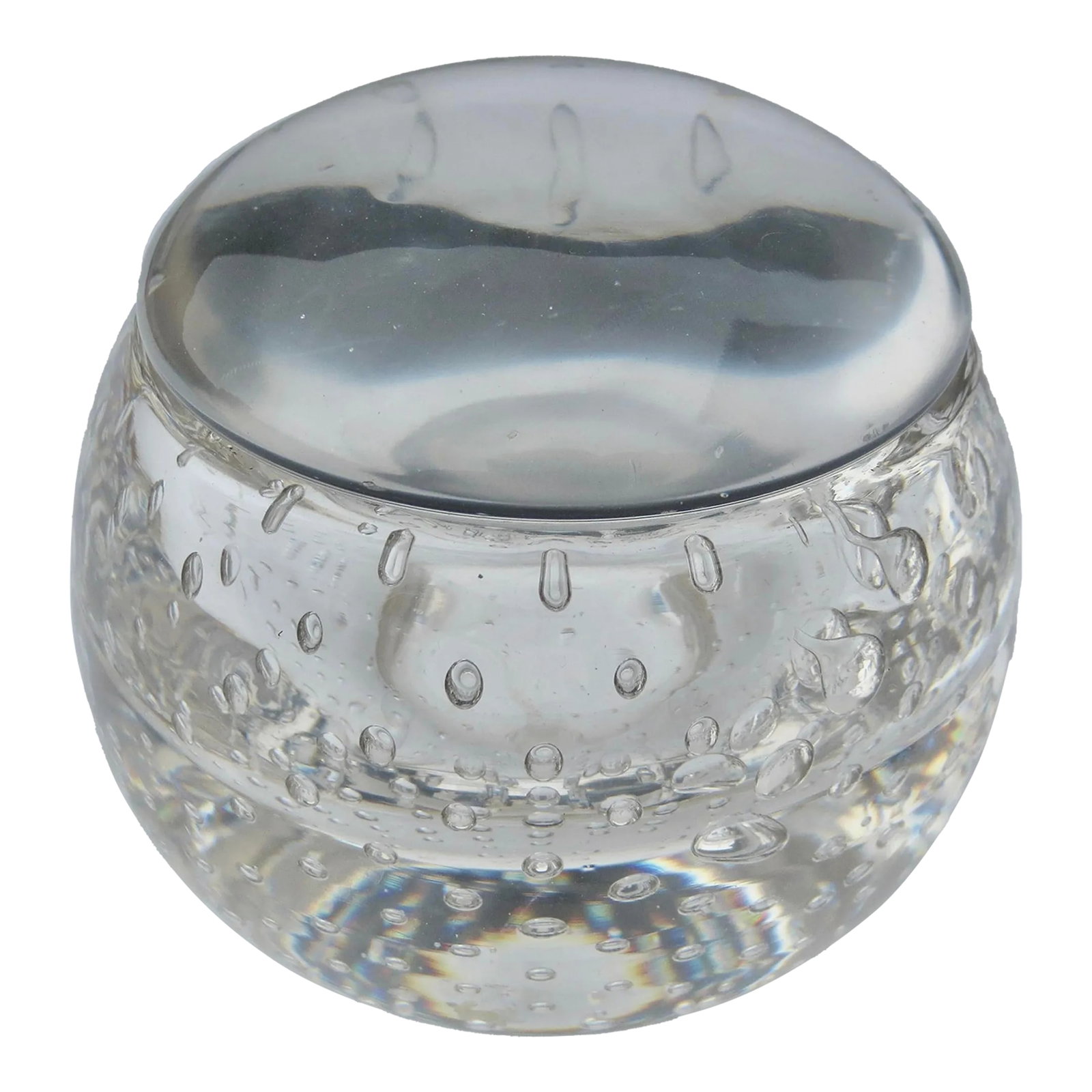 American Art Deco Crystal Lidded Bowl Circa 30s: Crystal globe bowl with Clear lid capping the bowl into a globe. Designed with air-bubble grid pattern over the sides and down to the bottom. The bottom is a high-raised recess. Smooth and