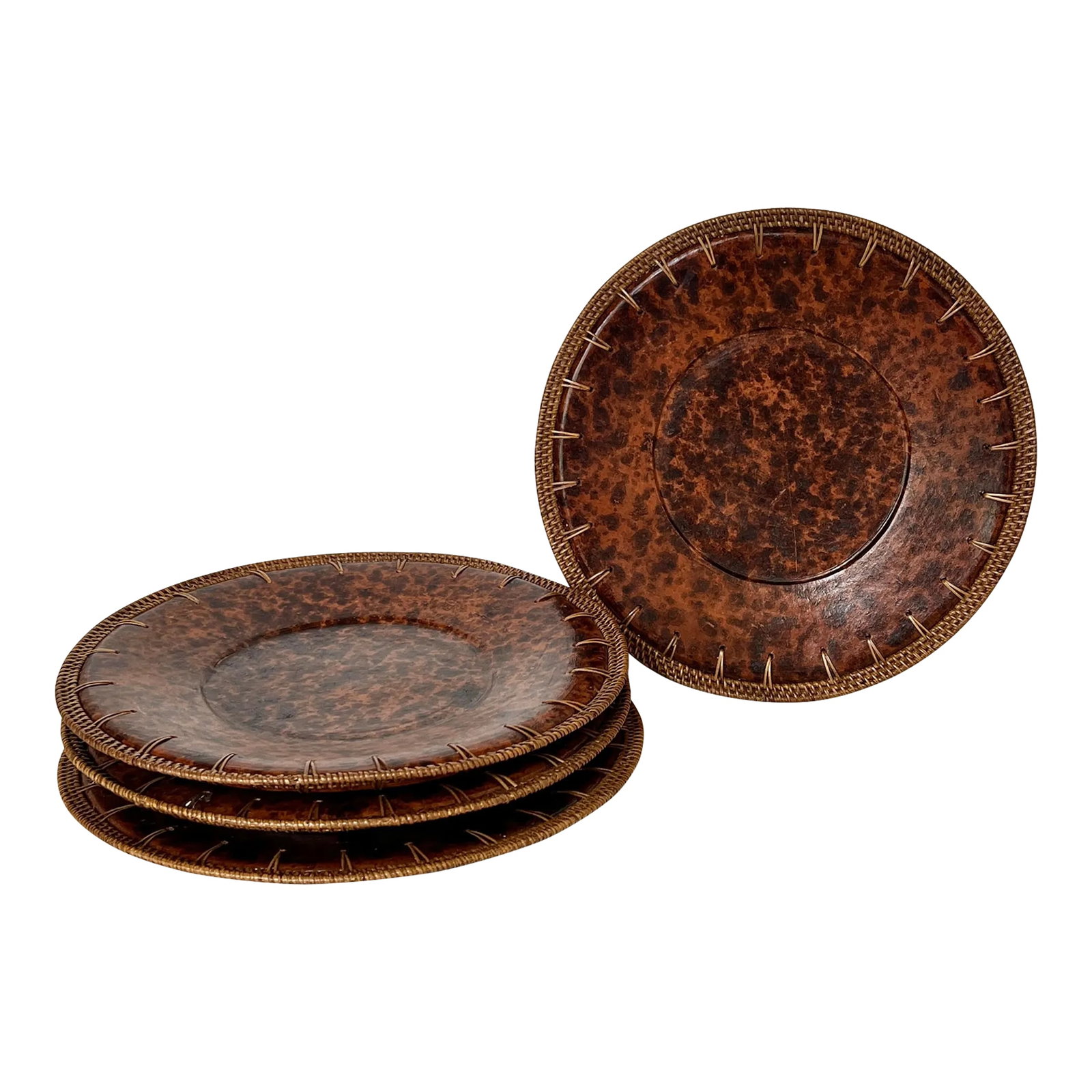 Vintage Faux Tortoise Shell Plate Chargers With Wicker Rim - Set of 4: Vintage ceramic faux tortoise shell plate chargers with wicker rim. Great look for farmhouse, rustic, cabin and other home decor styles. Measure 14" diameter. Set of 4. Condition: Alterations: