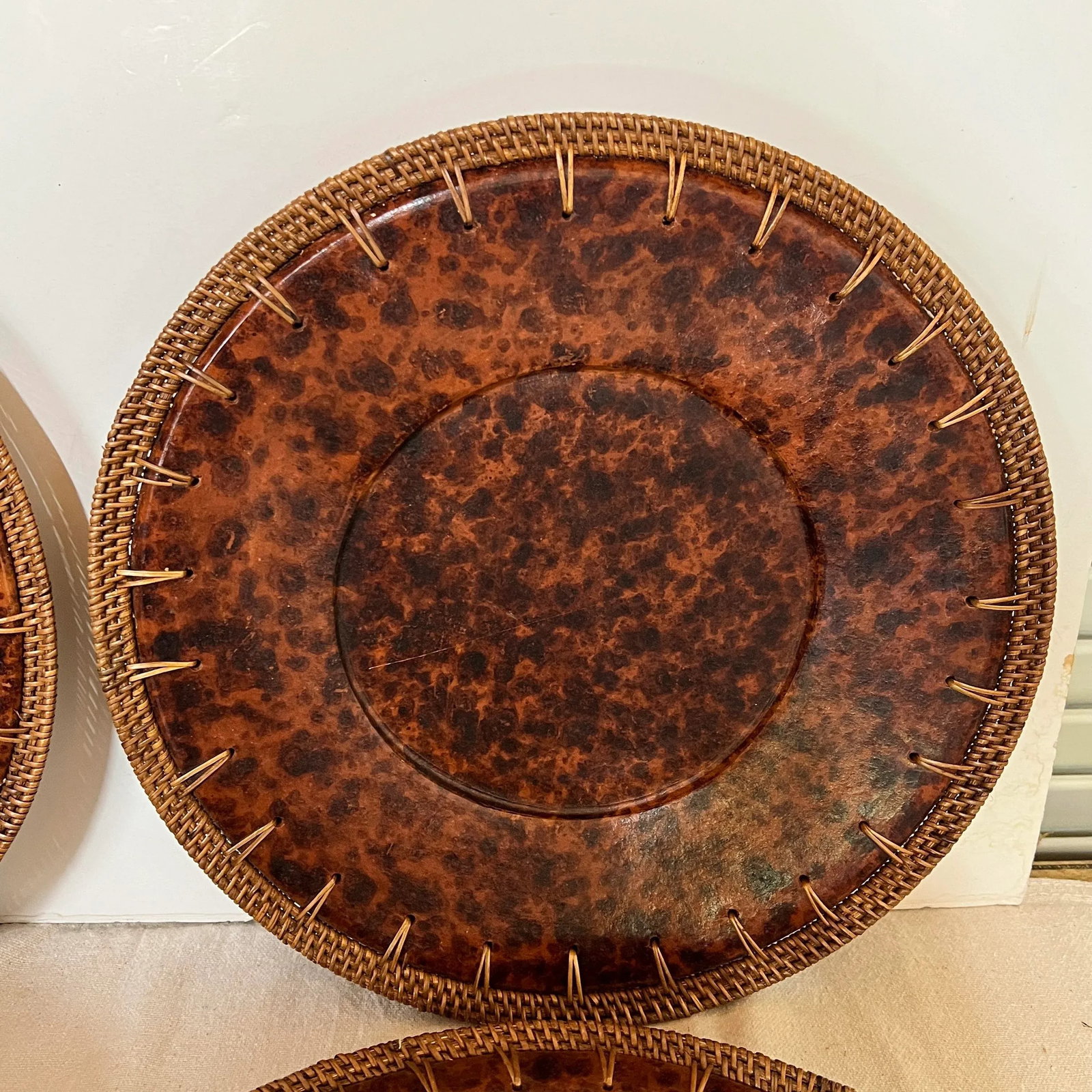Vintage Faux Tortoise Shell Plate Chargers With Wicker Rim - Set of 4 - 6