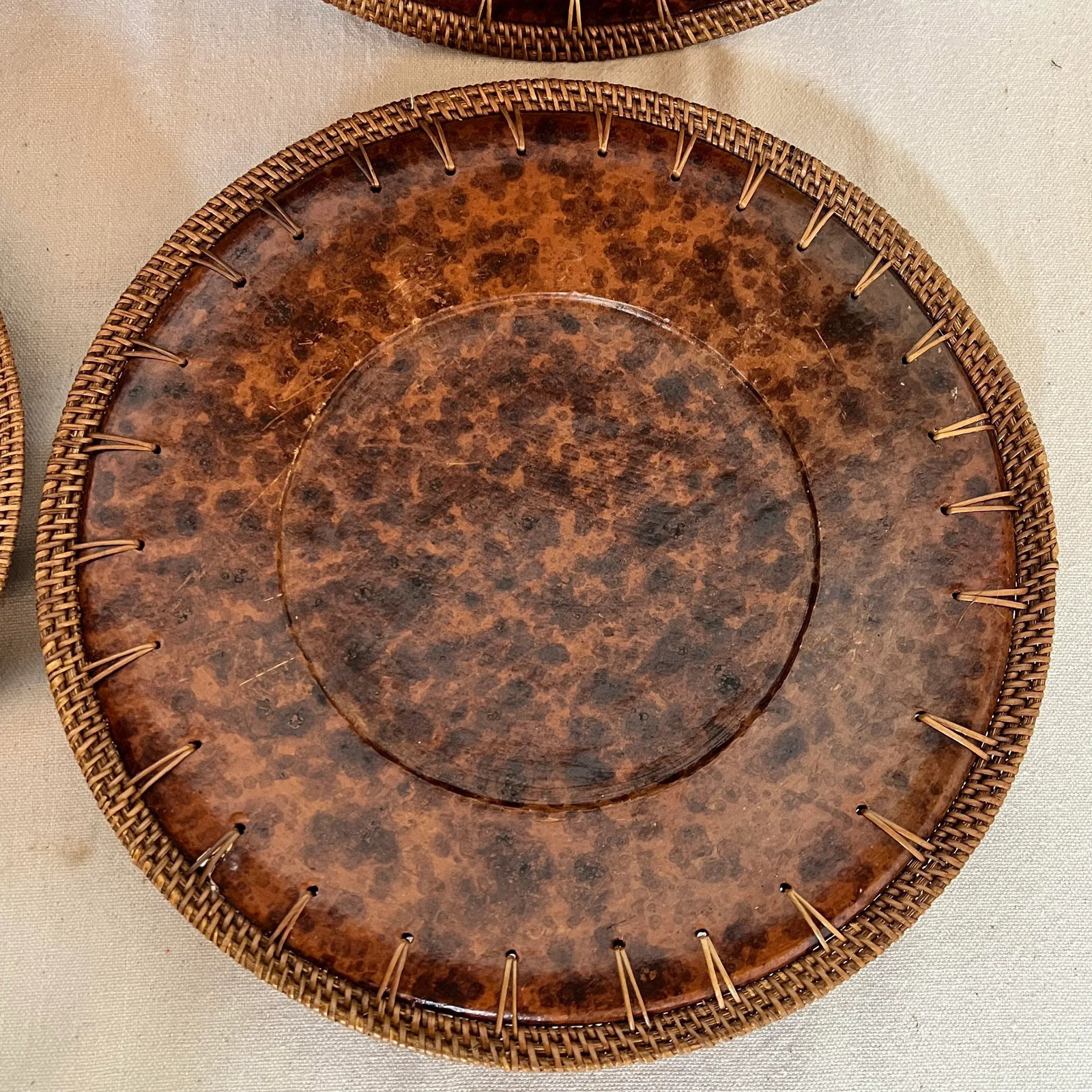 Vintage Faux Tortoise Shell Plate Chargers With Wicker Rim - Set of 4 - 7
