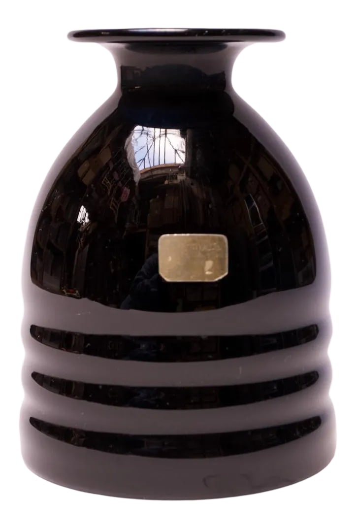 1960s German Lausitzer Glas Black Crystal Vase: Striking 'beehive' form vase in black crystal manufactured by Lausitzer Glas (Germany, circa 1960s). Interesting incorporation of textures and dramatic color presence. 6.5" tall x 5" diameter