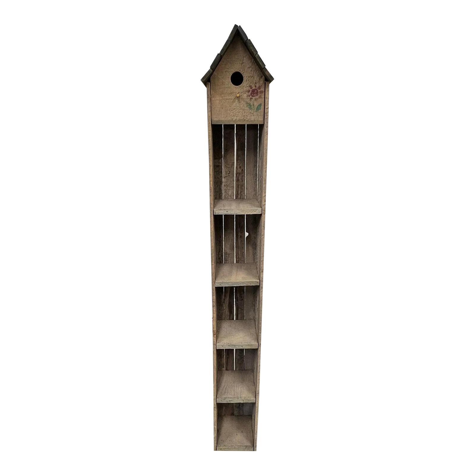 Handmade Farmhouse, French Country Style Standing Birdhouse With Shelves: Rustic standing farmhouse, French country birdhouse.with five shelves. Measures 6" square x 53" h. Condition: Alterations: Original Condition Unaltered Imperfections: Some Imperfections Condition