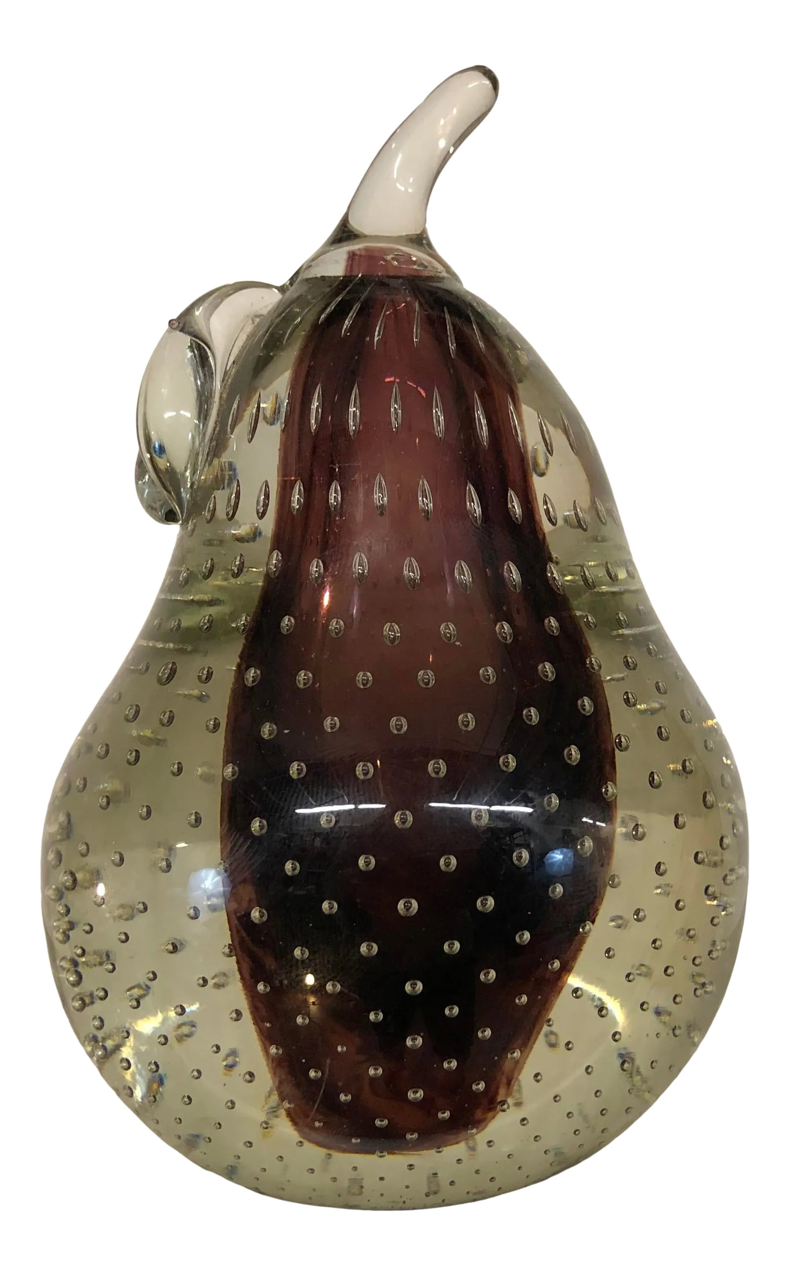 Vintage Studio Art Glass Murano Style Pear Sculpture Paperweight: A studio art glass pear paperweight in the style of Murano Sommerso. Sommerso is a form of artistic Murano glass that has layers of contrasting colors which are formed by dipping a gather of colored