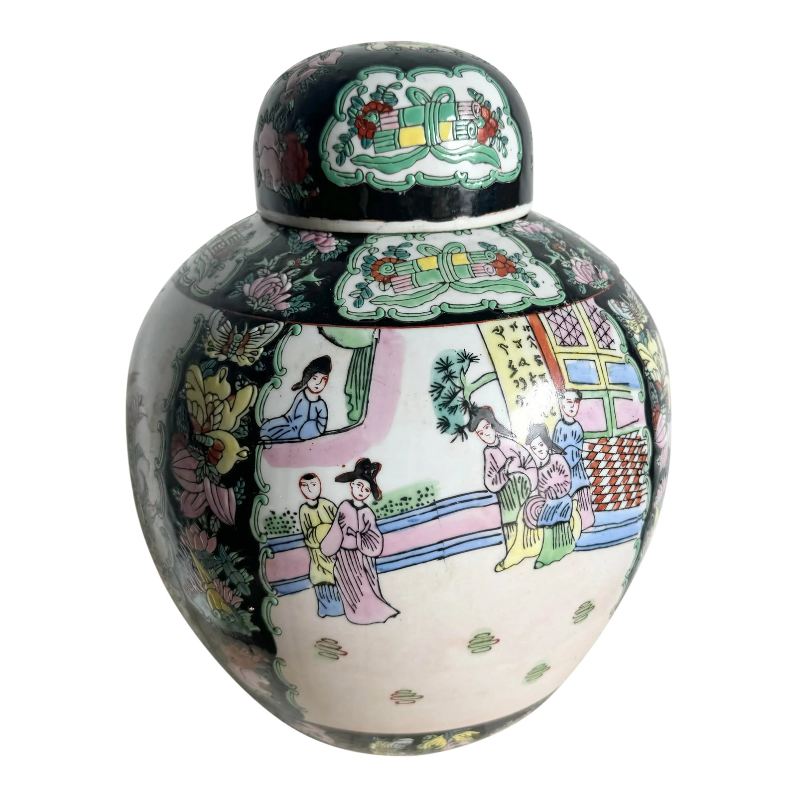 Vintage Chinese Porcelain Ginger Jar: This beautiful vintage Chinese porcelain ginger jar features hand-painted scenes in vibrant hues, illustrating traditional figures and floral motifs. The intricate artwork and classic design capture