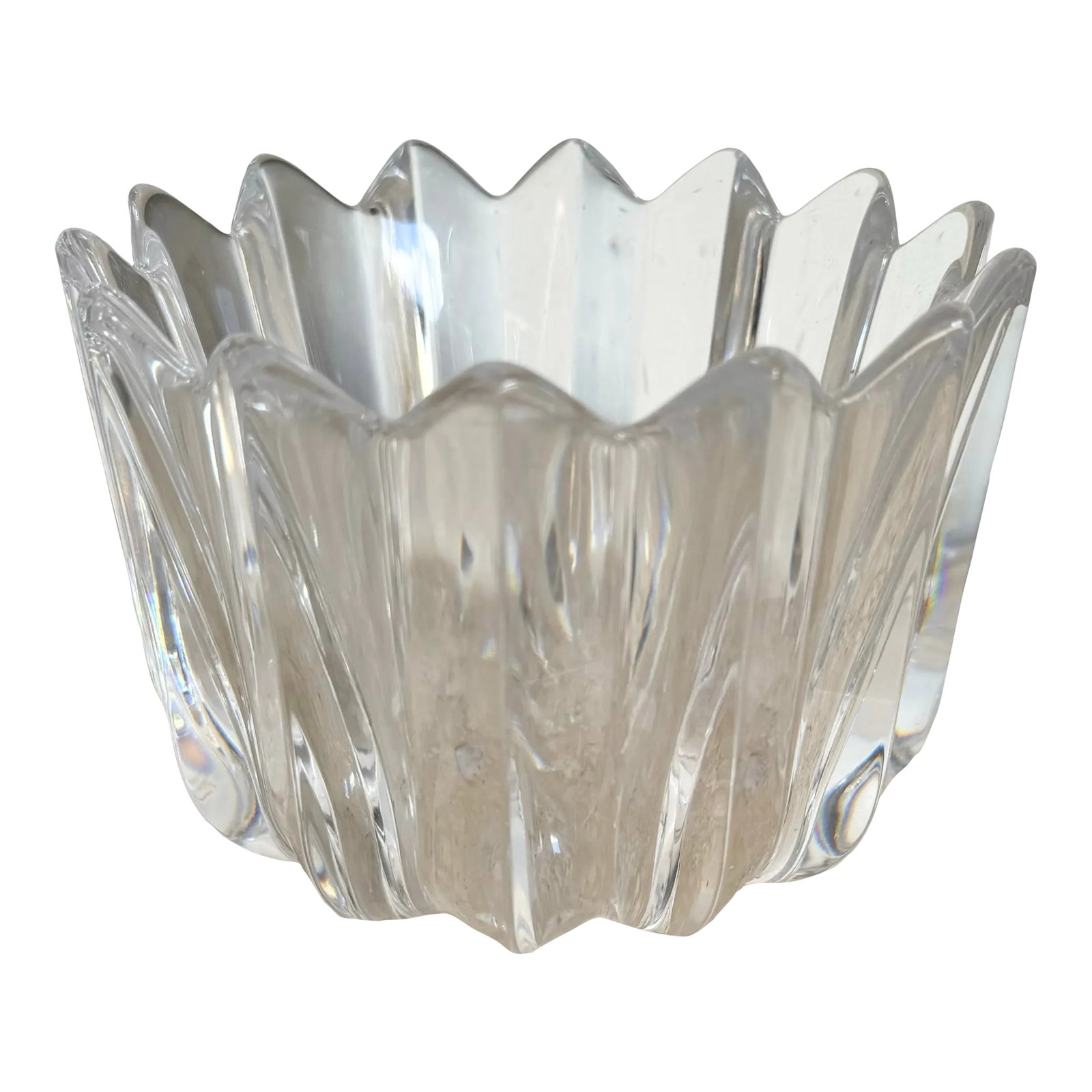 Swedish Crystal Vase, Fleur by Orrefors: Add a touch of Scandinavian elegance to your home with this Swedish Crystal Vase, "Fleur" by Orrefors. Featuring a beautifully scalloped edge and exquisite clarity, this vintage piece captures light i