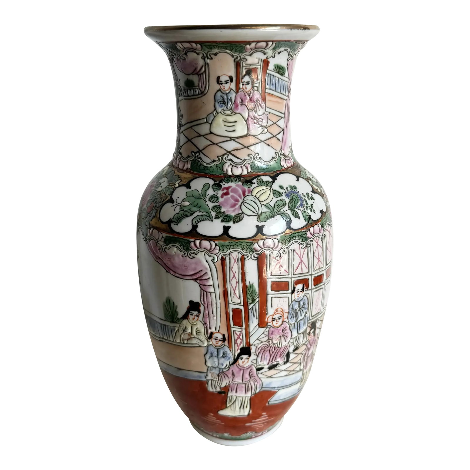 Vintage Chinese Hand Painted Porcelain Vase: This vintage Chinese hand-painted porcelain vase showcases intricate artistry with its vibrant floral and bird motifs. The detailed scenes, featuring traditional figures and lush gardens, are framed