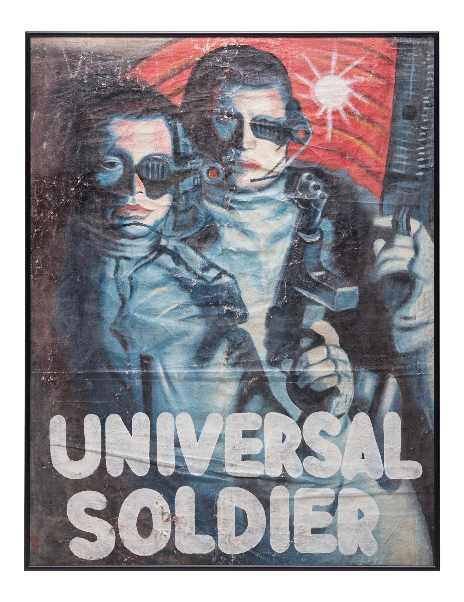Universal Soldier Vintage Ghanaian Movie Poster: Starring Jean Claude Van-Damme and Dolph Lundgren, Universal Soldier was a pulpy action/sci-fi from the early 90s. The film's international success is evident in this hand-painted advertisement from