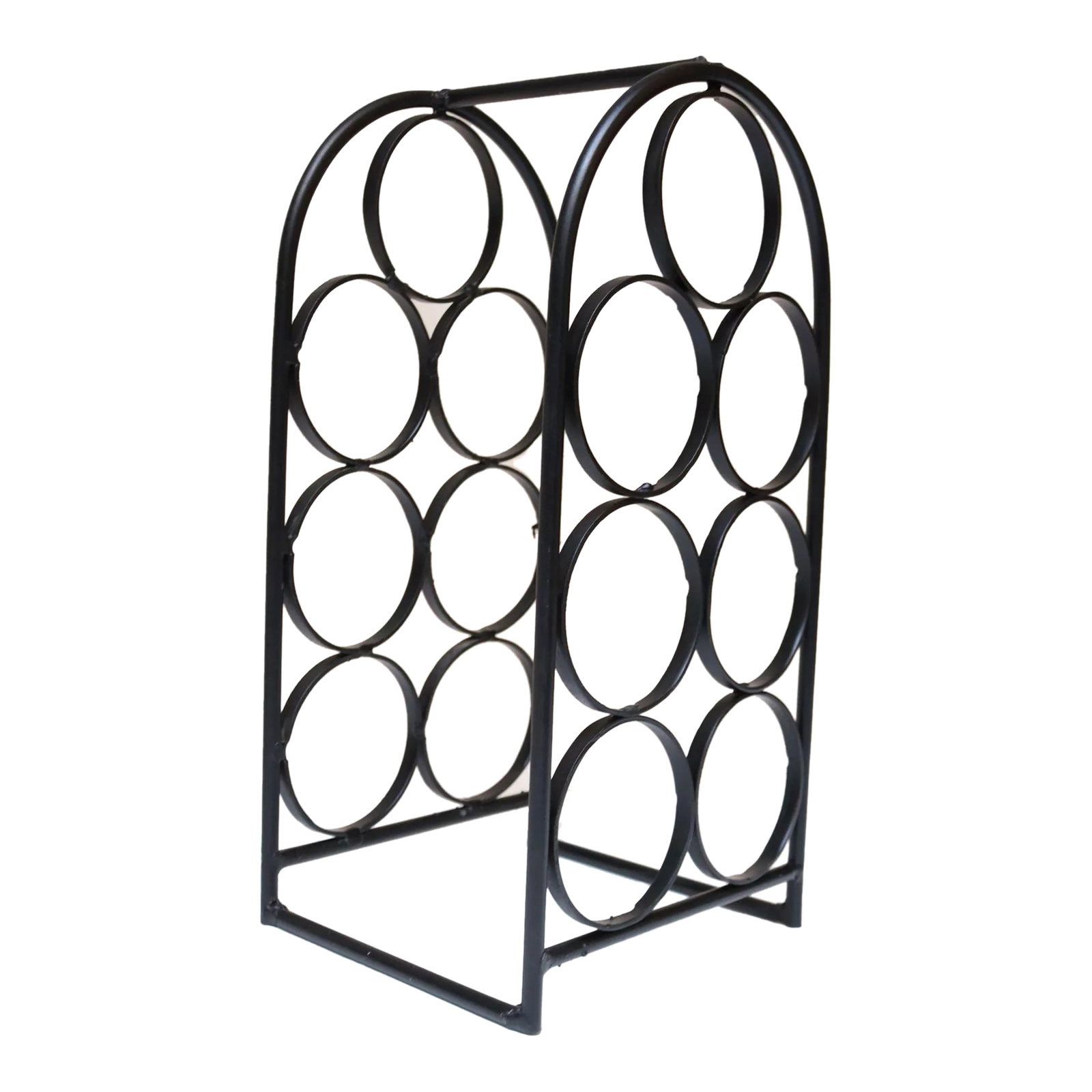 Vintage Wrought Iron Seven-Bottle Wine Holder by Arthur Umanoff: Arthur Umanoff wine rack (1950s USA) in painted wrought iron. Tabletop version, accommodating 7 bottles. Very good, vintage condition with light, age-commensurate wear and a couple of spots of excess